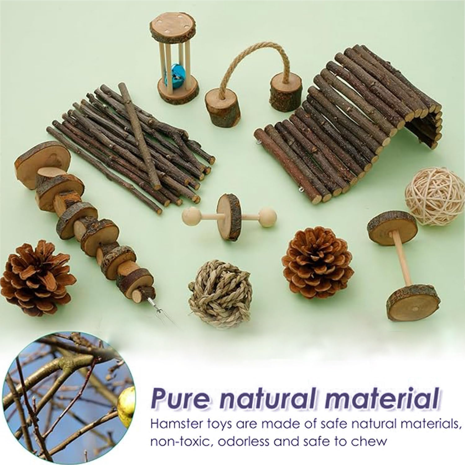 Roczential 11Pcs Hamster Toys Set Natural Wood Hamster Cage Accessories with 11-Pack Different Chew Toys Natural Molar Tools for Rabbit Guinea Pig Gerbil Chinchilla. image number 1