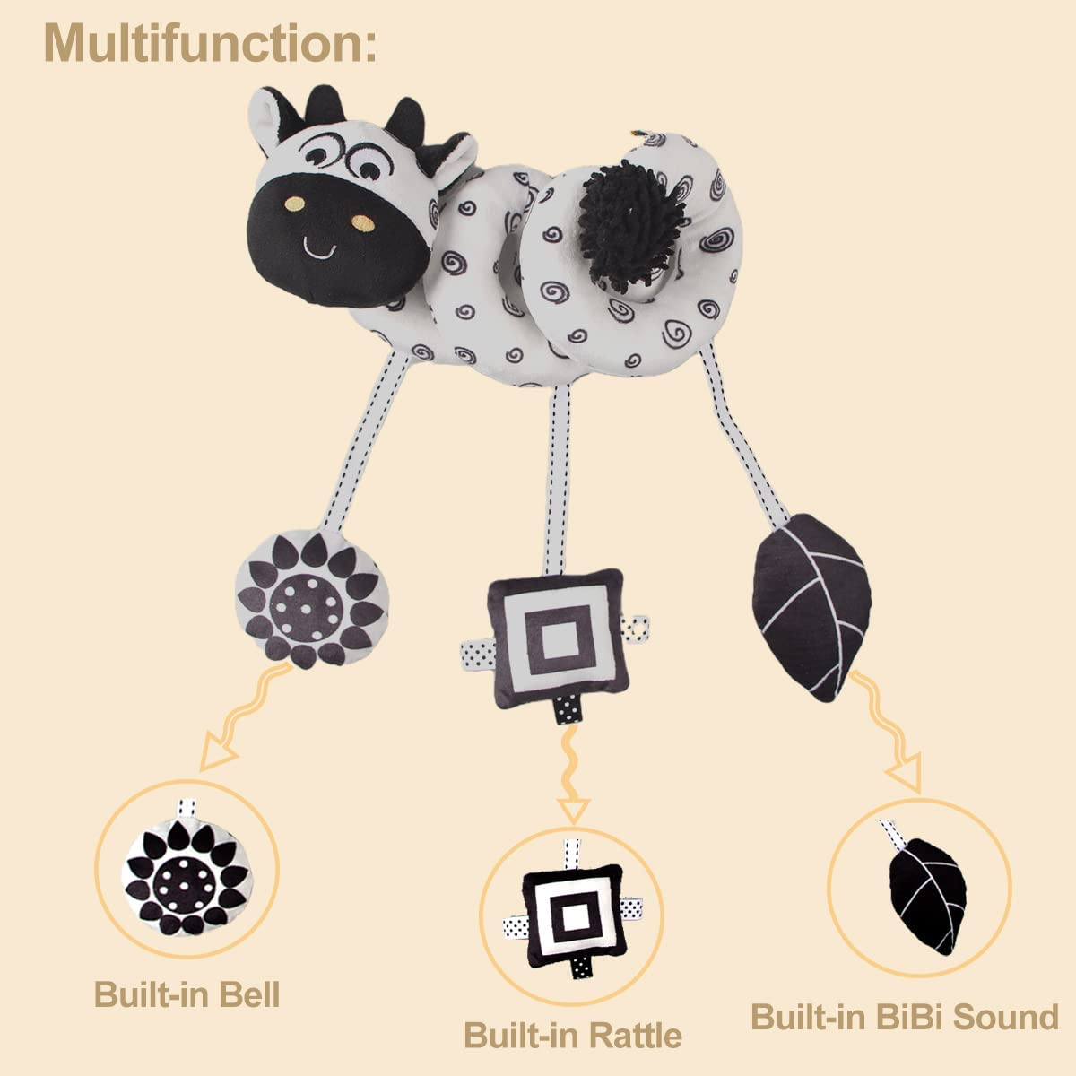 Baby Hanging Stroller Toy, Animal Spiral Plush Circle Activity Car Seat Travel Toys, Black and White Squeak Early Educational Toy for Newborn Boys or Girls image number 3