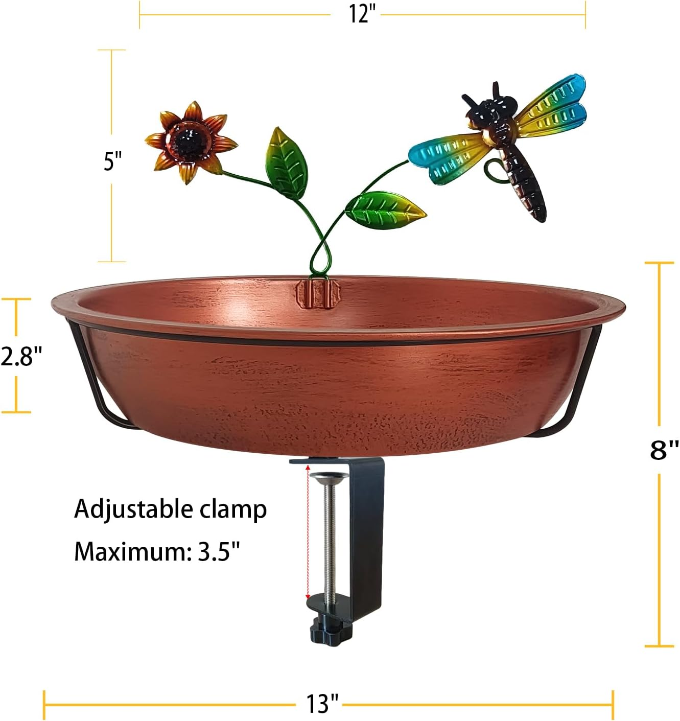 Deck Bird Bath for Outside, 13 Inch Large Antique Copper Metal Birdbath Bowl with Adjustable Big Steel Clamp, Backyard Bird Feeders/Baths for Railing Balcony Fence Yard Art Garden Decor image number 6