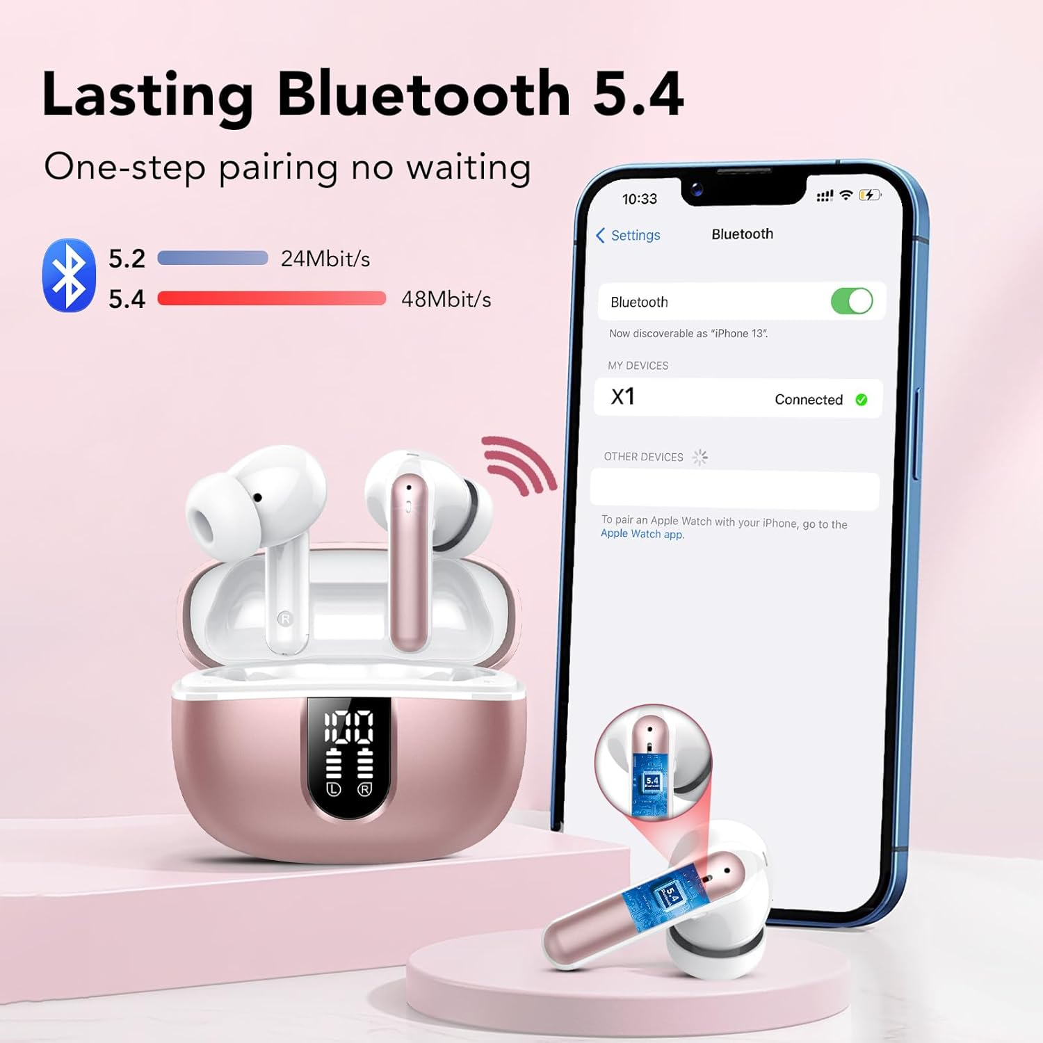 Wireless Earbuds, Bluetooth 5.4 Headphones with 4 ENC Call Noise Cancelling Mics, Bass Boost 85%, 50Hrs Playtime, IPX7 Waterproof, Mini Earbuds for Work, Sleep, Travel, USB-C, Rose Gold image number 5