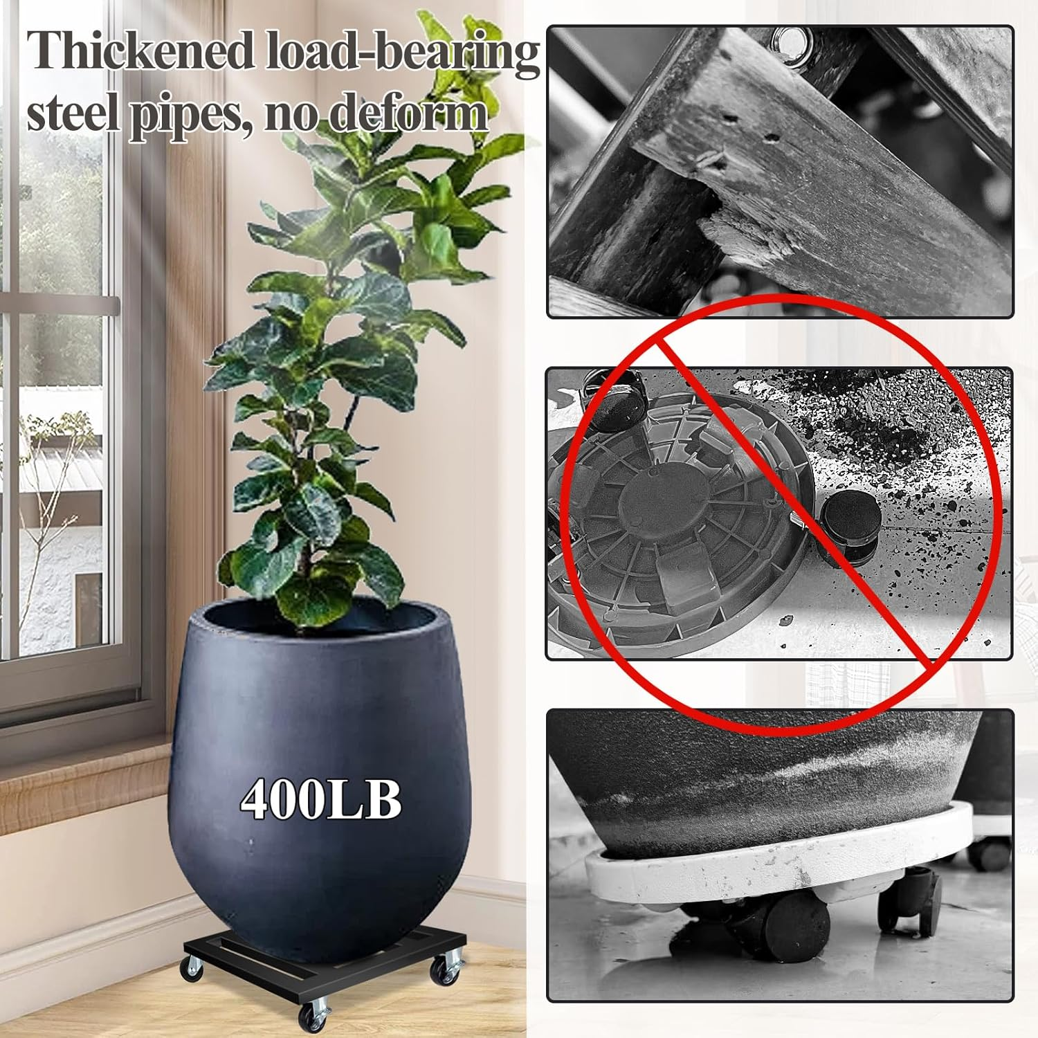 Heavy Duty Plant Caddy with Wheels, Metal Rolling Plant Stand Indoor Outdoor, 12'' Square Plant Dolly with Lockable Caster Wheels Holds up 400 Lbs Planter, 1 Pack, Black image number 4