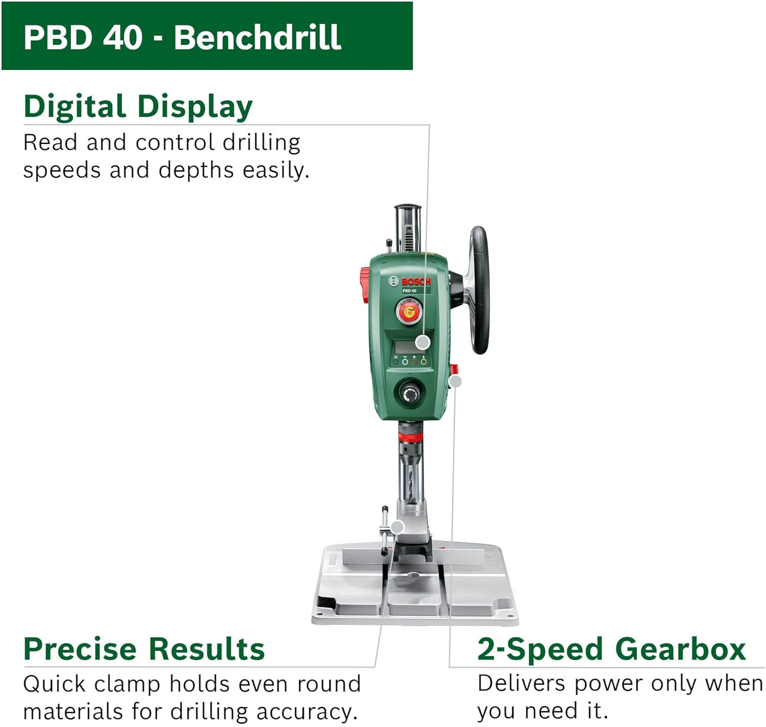Bosch 710W Electric Bench Drill Press, 13Mm Chuck, Digital Display, Speed Selection, Incl: Parallel Guide & Clamp, Maximum Drilling Diameter in Steel/Wood: 13 Mm/40 Mm, Drilling Stroke 90 Mm (PBD 40)