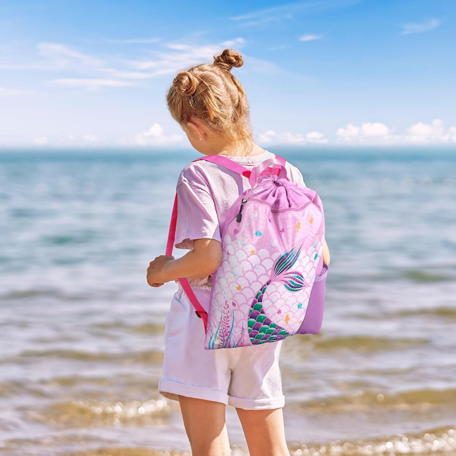 WAWSAM Gym Drawstring Backpack - Sports Gym PE Bag for Kids Waterproof Swimming Beach Backpack with Zippered Pocket and Water Bottle Holder