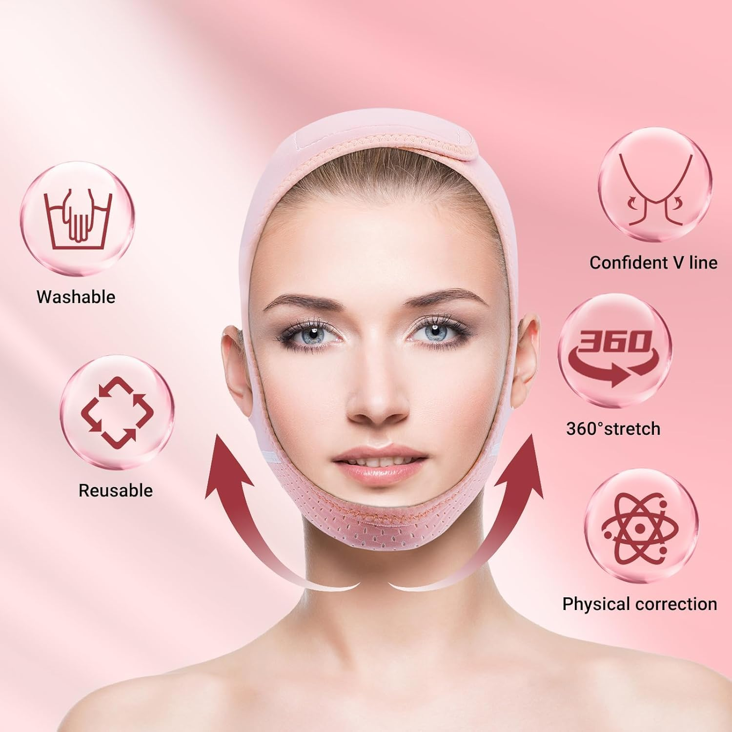 Juskaa Reusable V Line Lifting Mask with Chin Strap for Sleeping,Face Lift Prevent Sagging, Jaw Exerciser,Light Pink,M image number 3