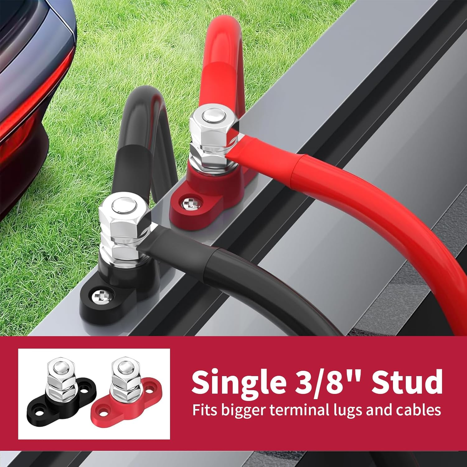 2Pcs Red & Black M10 3/8 Battery Post Junction Block, 12V 24V Power Distribution Block for Car, RV, Boat & Marine, Heavy-Duty Corrosion-Resistant Terminal Studs image number 1