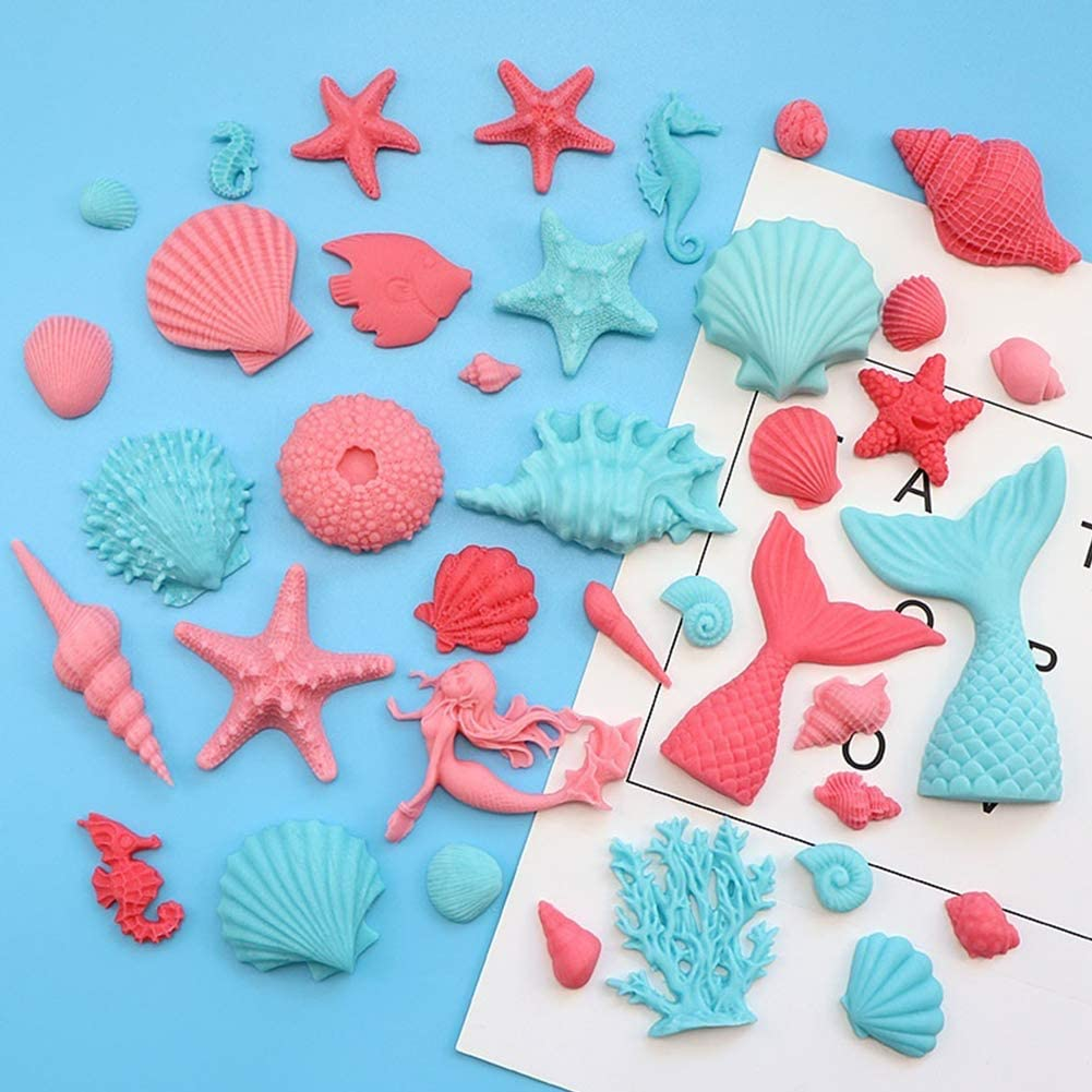 HANGNUO 7 Pack Sea Creatures Fondant Moulds Mermaid Tail Star Fish Seahorse Seashell Silicone Mould for Cake Decoration Chocolate image number 2