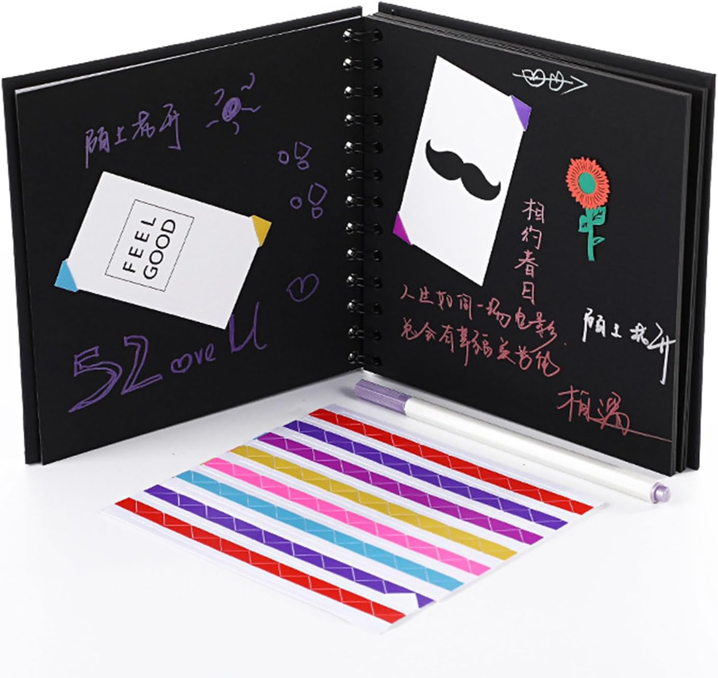 2 Pack Scrapbook Photo Album, 230Gsm Black Square Scrap Book with Colored Pencil and Corner Sticker - Ideal for Kids Adullts Baby Scrapbooking Arts Crafts Travel Adventure Couples DIY - Black image number 4