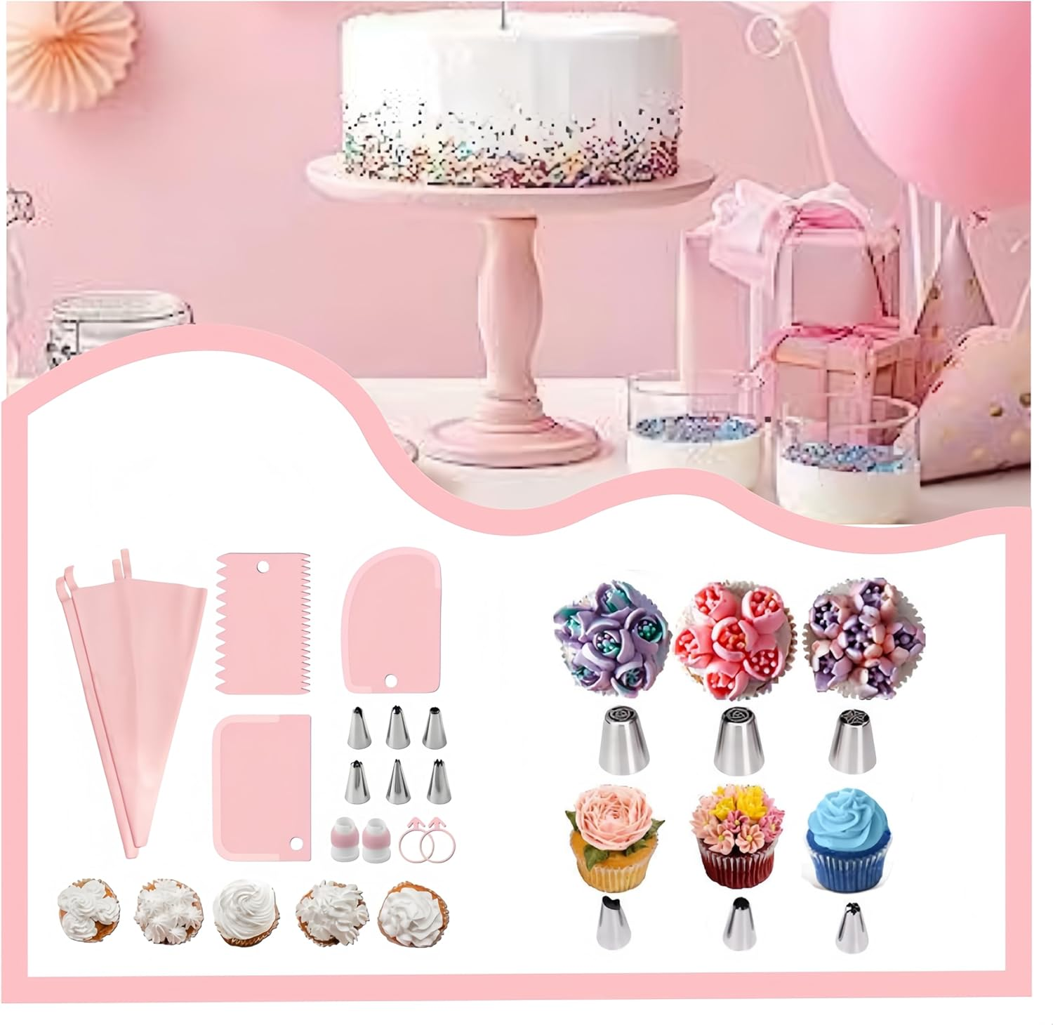 Piping Bags, Piping Bags and Nozzles, Icing Piping Kit,Nozzles Set with Converter, Premium Stainless Steel Piping Nozzles for Decorating Cakes & Cupcakes(15Pcs Pink) image number 4