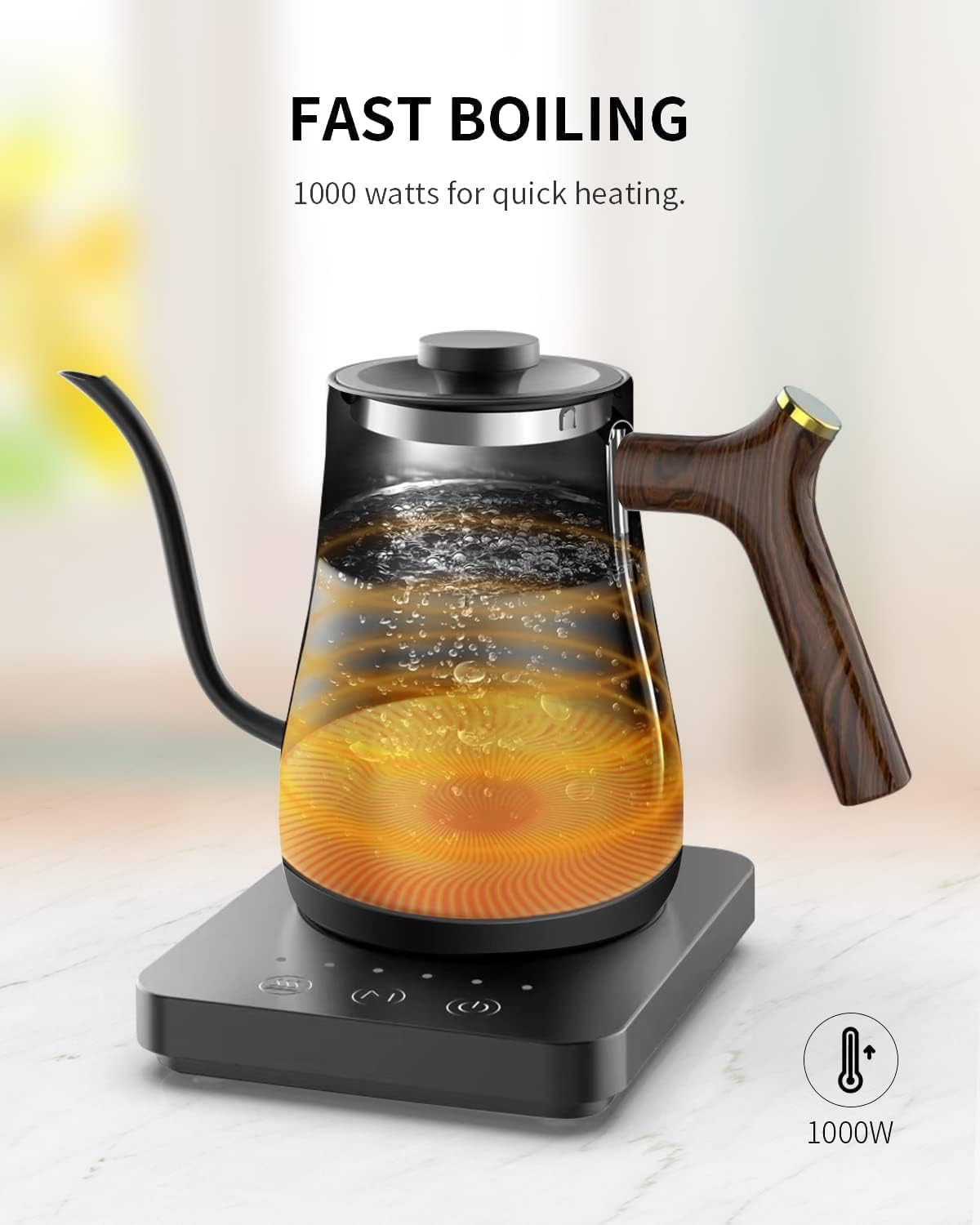 Electric Gooseneck Kettle 0.8L, 304 Stainless Steel Smart Professional Coffee and Tea Pot, Automatic Temperature Control and Constant Temperature, 1000W Quick Heating (Black) image number 5