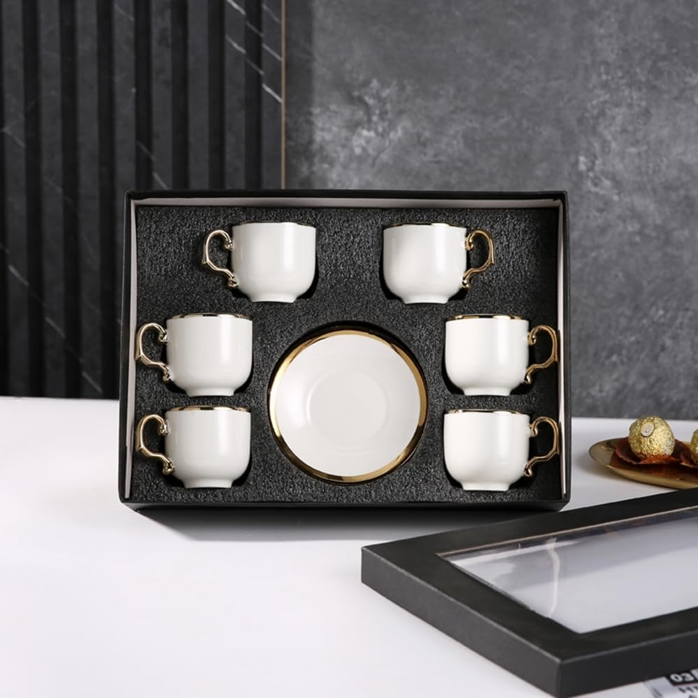 Frafuo 6Pcs Espresso Turkish Coffee Cups and Saucers Set - Elegant Ceramic Tea Cups with Modern Gold Trim, Dishwasher & Microwave Safe, 90Ml Capacity, Luxury Gift Box Packaging(White)