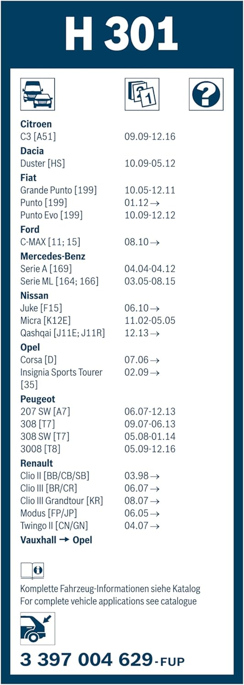BOSCH H301 Wiper Blade, Rear Fits NIS X-Trail [T32] (2013-2020), NIS Juke [F15] (2010-2019), NIS Qashqai [J11E] (2013-2019), NIS X-Trail [T32R] (2014-2016) & Others image number 1