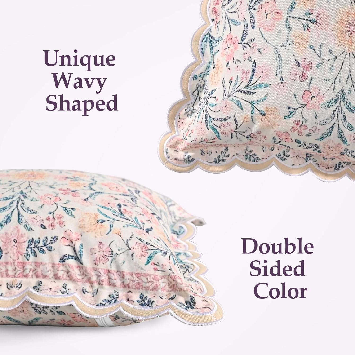 Fjdcslwx Boho Floral Throw Pillow Covers Set of 2 Colorful Bohemian Flower Decorative Scalloped Wavy Edge Designs Pillowcase for Bedroom Sofa Living Room Bed Square Pillow Case Cushion 18X18 Inch