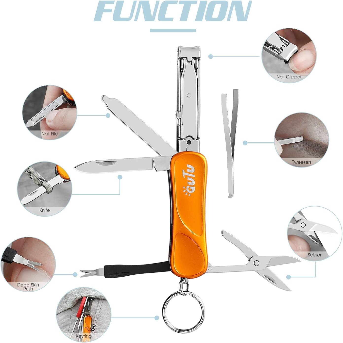 OUTU Keychain Nail Clipper Multitool, 7 in 1 EDC Utility Tool with Nail Clipper, Scissors, Gifts for Him Men Husband Dad Boyfriend (Orange) image number 2