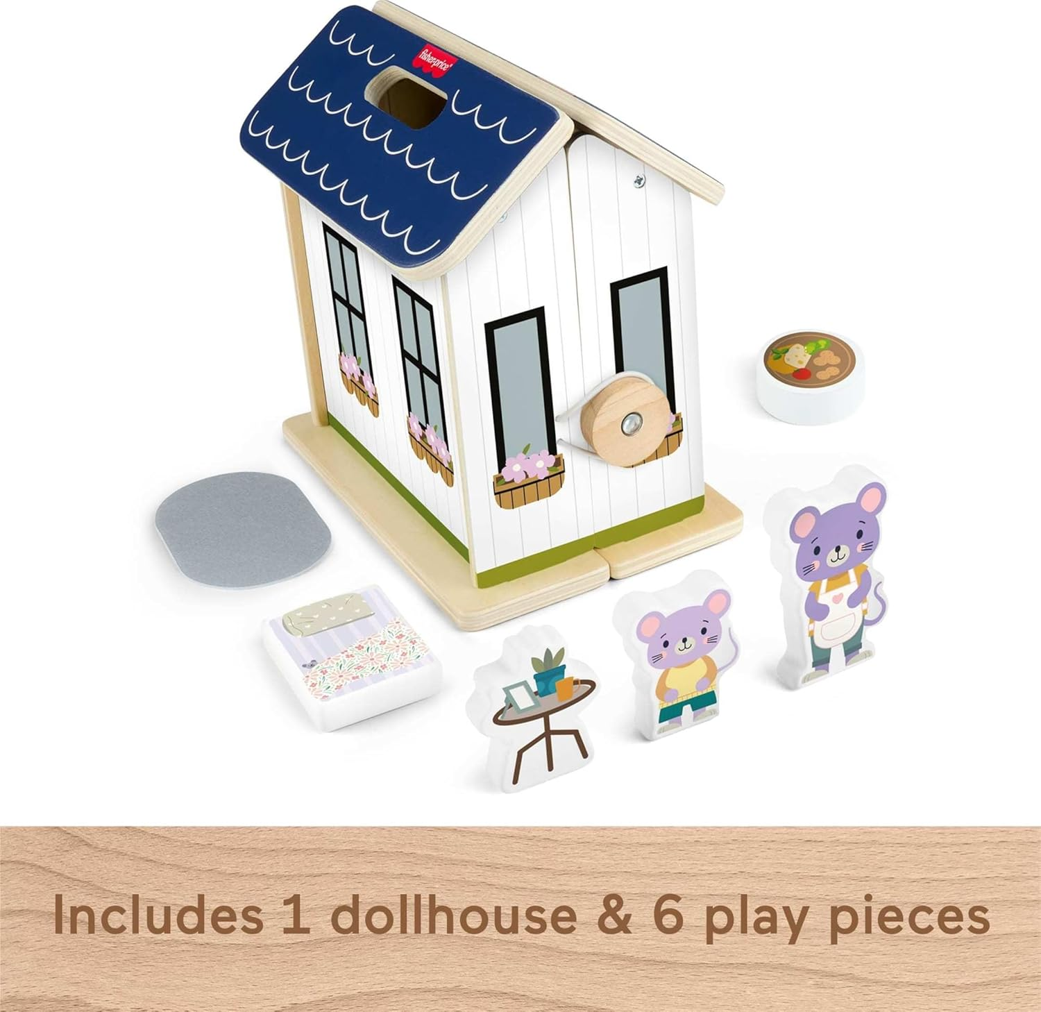 Fisher-Price Wood Pretend Play Toy Dollhouse, 6-Piece Wooden House Playset for Travel Preschool Kids Ages 3+ Years image number 2