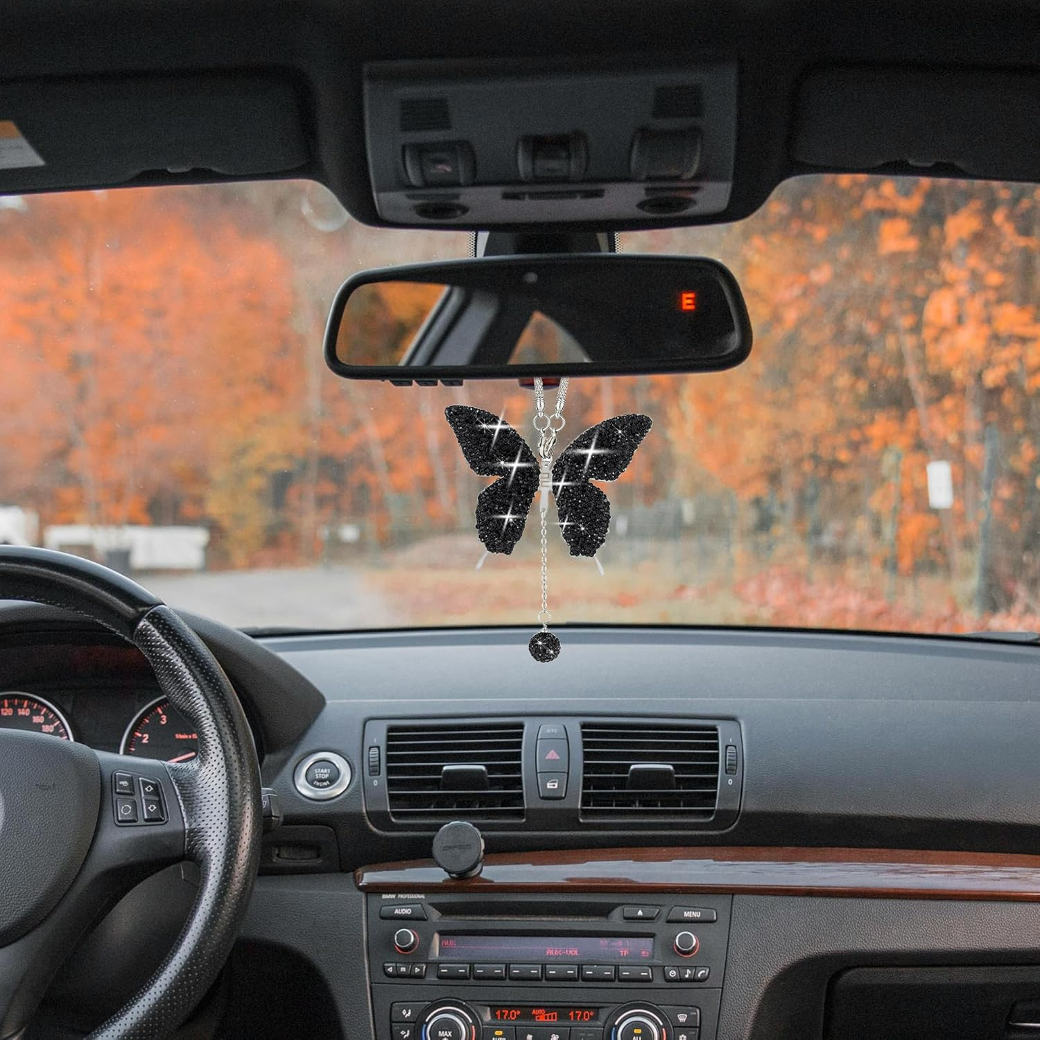 Couslcd Bling Butterfly Diamond Car Accessories, Crystal Car Rear View Mirror Charms for Women, Car Decoration Lucky Hanging Interior Crystal Ornament Pendant Decor for All Cars (Black) - Black image number 5