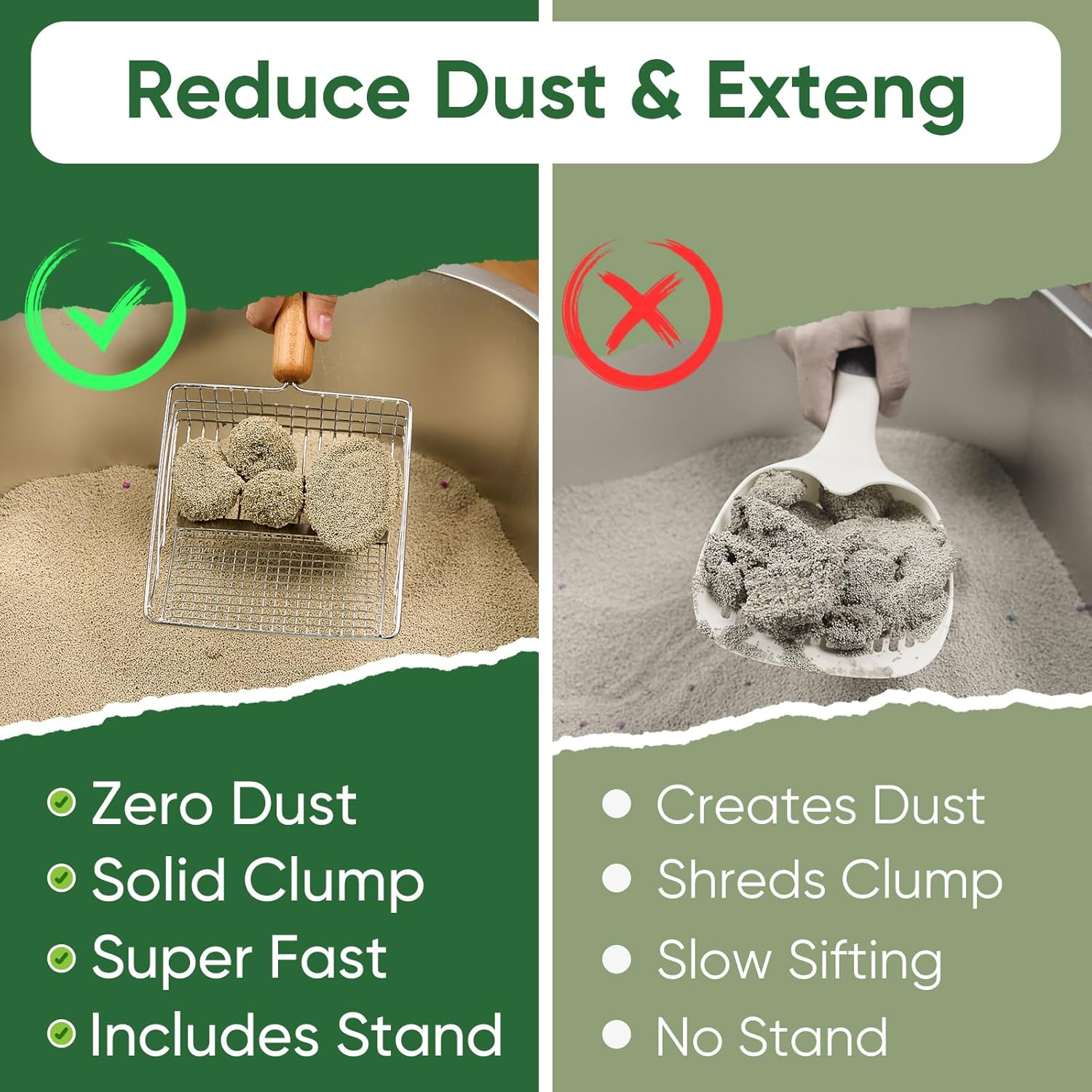 Cat Litter Scoop with Holder, Heavy Duty Litter Sifter, Stainless Steel Litter Shovel, Litter Scooper with Beech Wood Grip and Washable Stand, Perfect for Cat Litter Box Cleaning image number 4