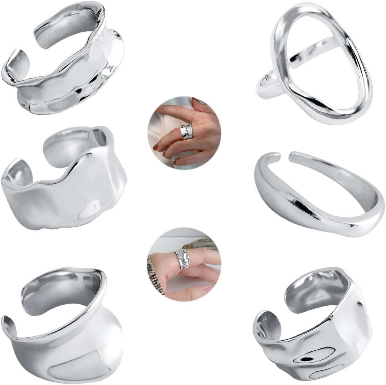 WAINIS 6 Pcs Chunky Gold Open Rings for Women Statement Boho Adjustable Rings Set