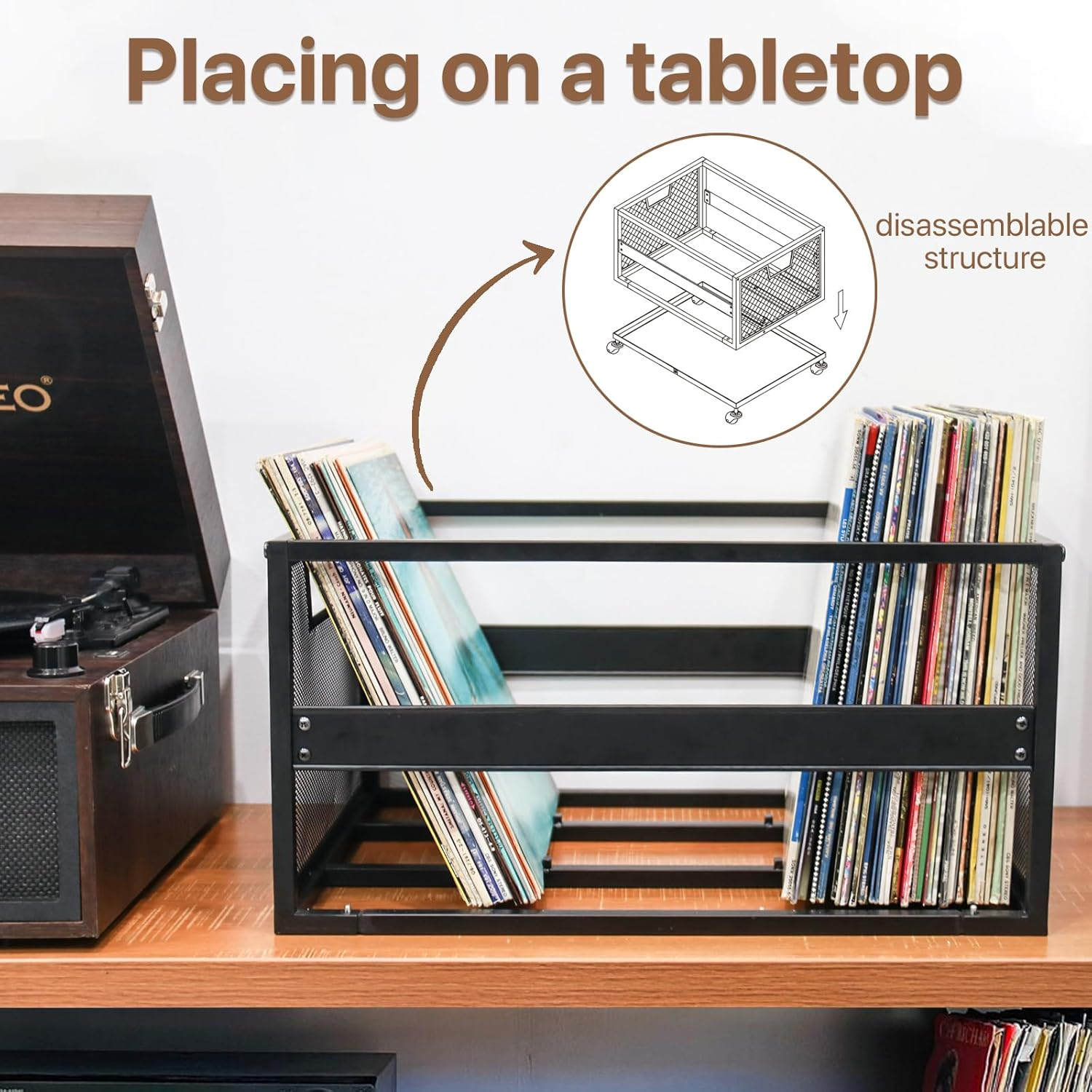 Playboda Metal Vinyl Record Storage Crate with Wheels, Vinyl Record Holder for Albums, Vinyl Record Storage Rack - Holds up to 100 LP, Stylish Organizer for Your Vinyl Record Collection