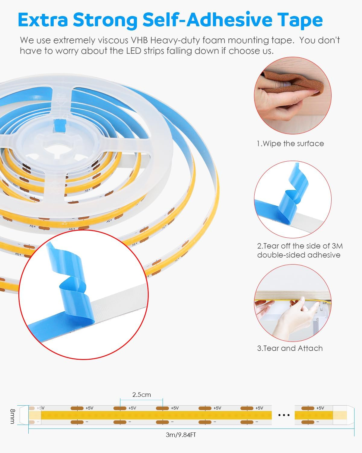 Aclorol 3M COB LED Strip Light Warm White 3000K 5V USB Flexible LED Light Strip 8Mm Width Dimmable CRI85+ Dotless LED Tape Light High Density 320Leds/M for Bedroom Kitchen under Cabinet Home Decor image number 1