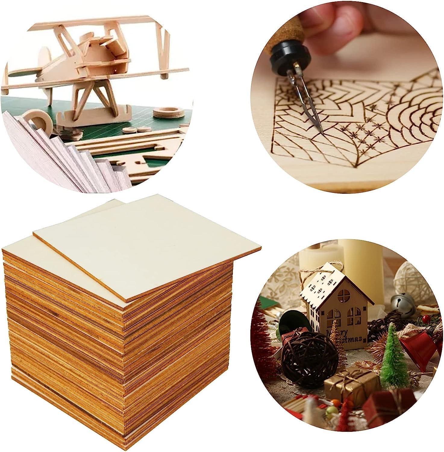 Unfinished Wood Pieces 50 Pcs 4X4 Inch Wooden Cutout Tiles Blank Wood Slices Wooden Squares for DIY Crafts Home Decoration Painting Staining Unfinished Wood Cup Coasters