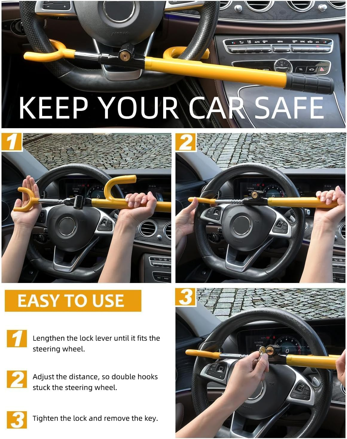 Steering Wheel Lock anti Theft Adjustable Length Car Security Lock with Key Heavy Duty anti Theft Car Lock for Car Truck SUV Pickup Van image number 3