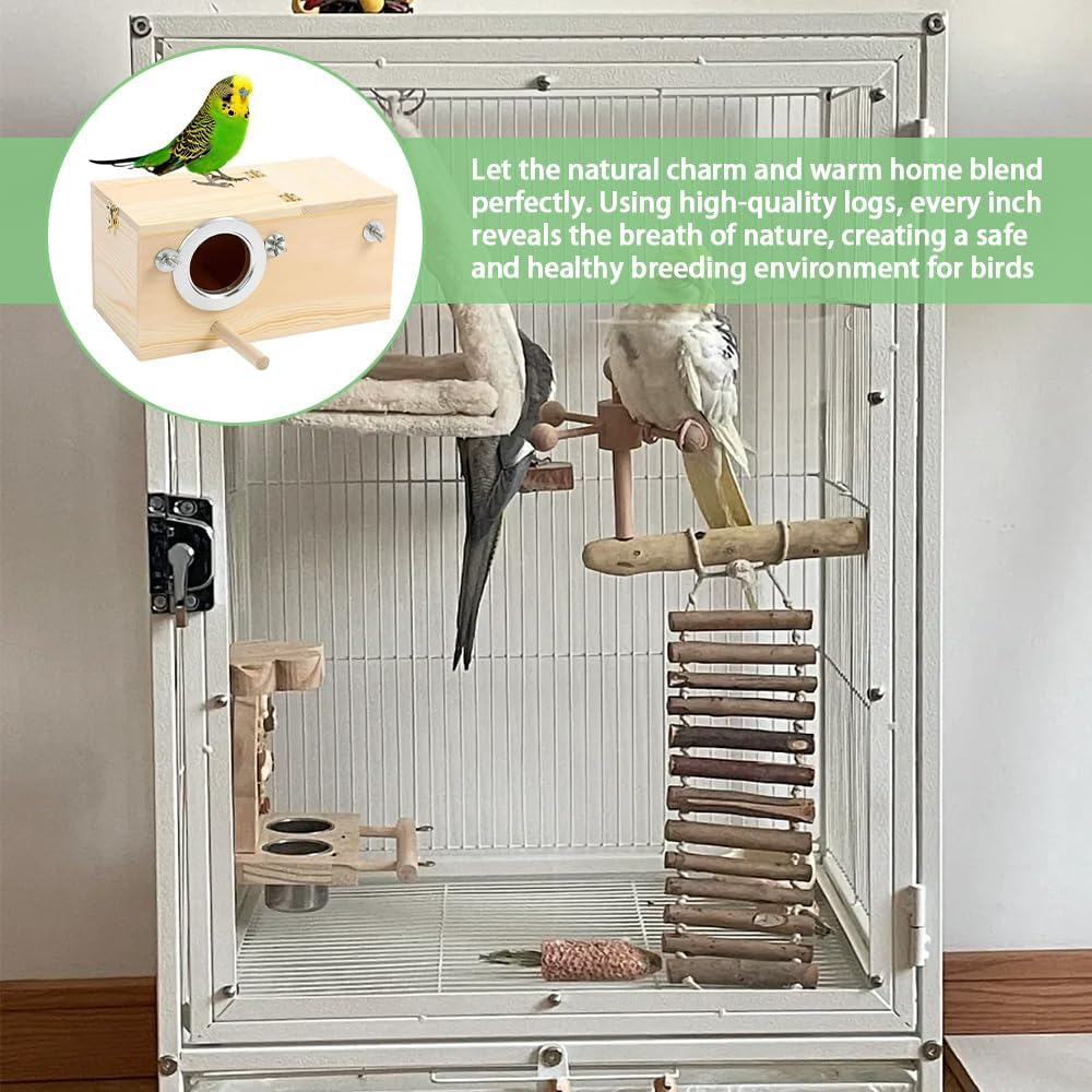 Natural Wood Parakeet Nesting Box Bird Breeding House with Detachable Wooden Board for Lovebirds, Cockatiels, Budgies, Conures | Mating & Hatching Cage image number 4