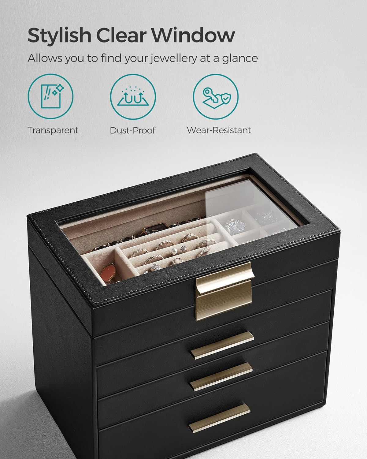 SONGMICS JBC161B02 4 Tier Jewellery Box with Glass Lid 3 Drawers Sunglasses Large Jewellery Storage Modern Graphite Black Gold