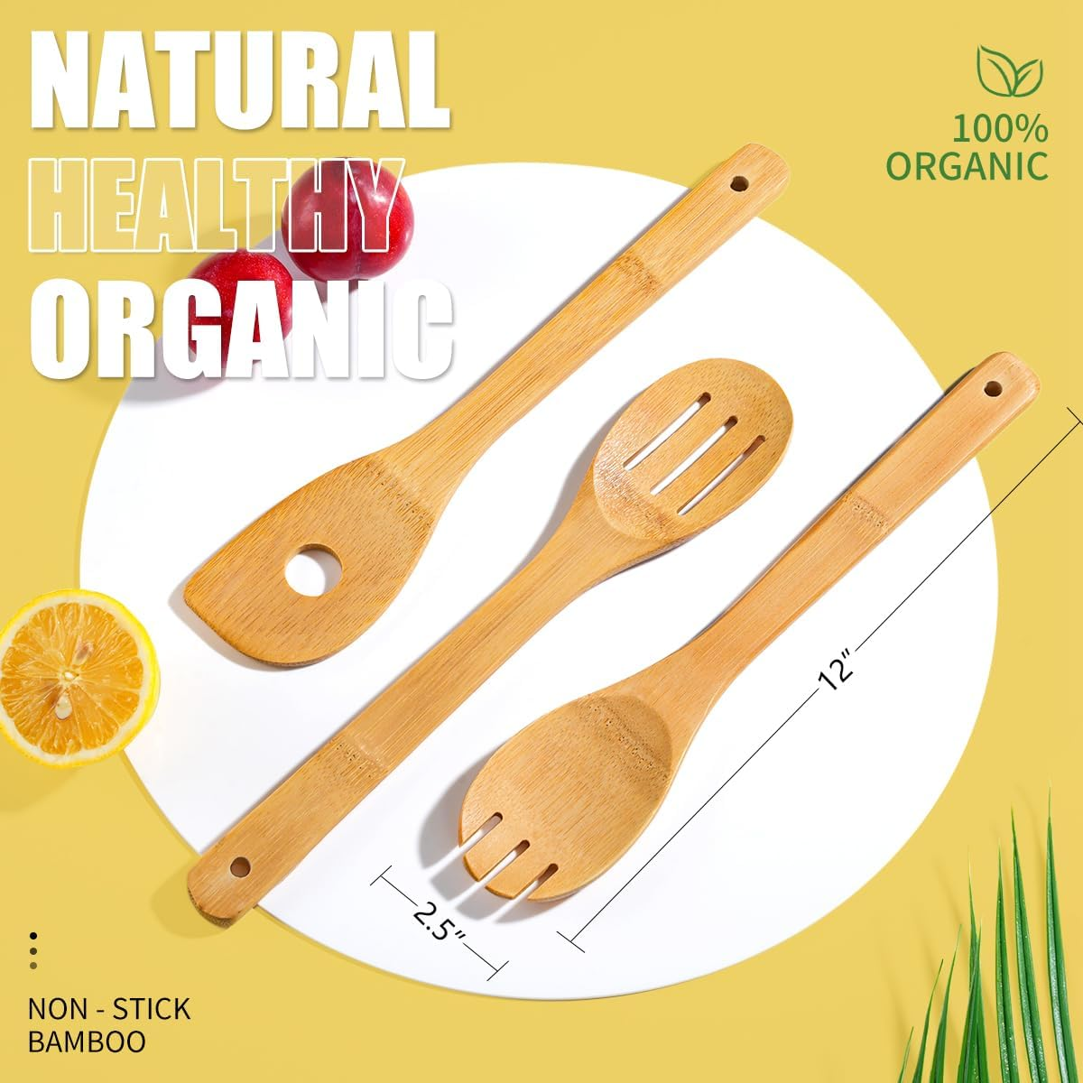 IOOLEEM 6 Pcs Bamboo Wooden Spoons, 12Inch, Non-Stick Kitchen Utensils Set, Natural and Durable Wooden Spatula Spoons for Non-Stick Pan image number 3