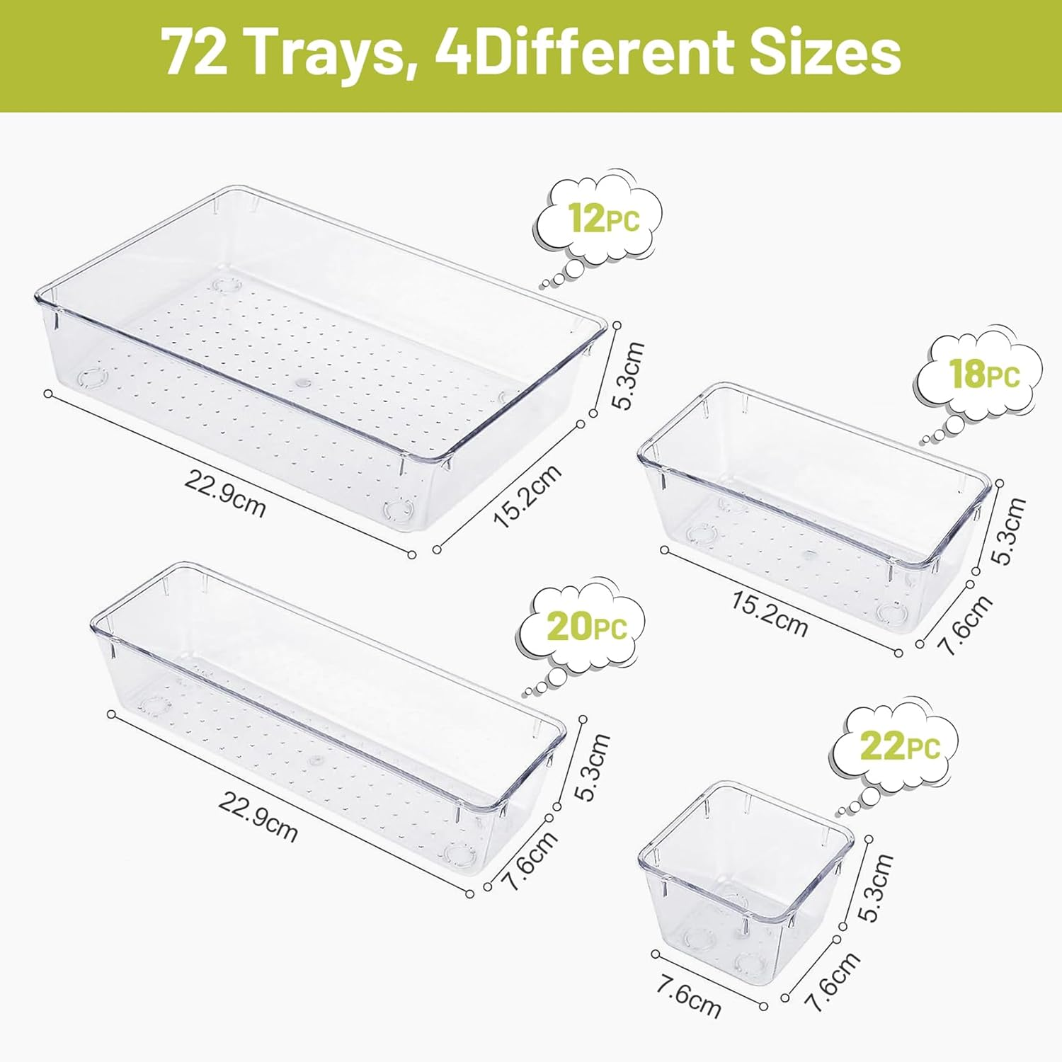 72 Pcs Drawer Organisers Set, 4 Sizes Clear Plastic Drawer Organizer and Vanity Organiser Trays, Desk Drawer Organizer Trays for Makeup, Jewelries, Bathroom, Kitchen Utensils and Office image number 1
