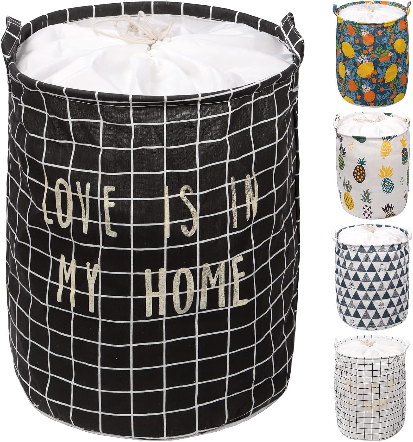 Tanstic 1Pc Freestanding Laundry Basket with Black Lattice Pattern, Foldable Large Drawstring Clothes Hamper Collapsible Fabric Bag with Leather Handle for Clothes Washing (15.7X19.6 Inch) image number 1