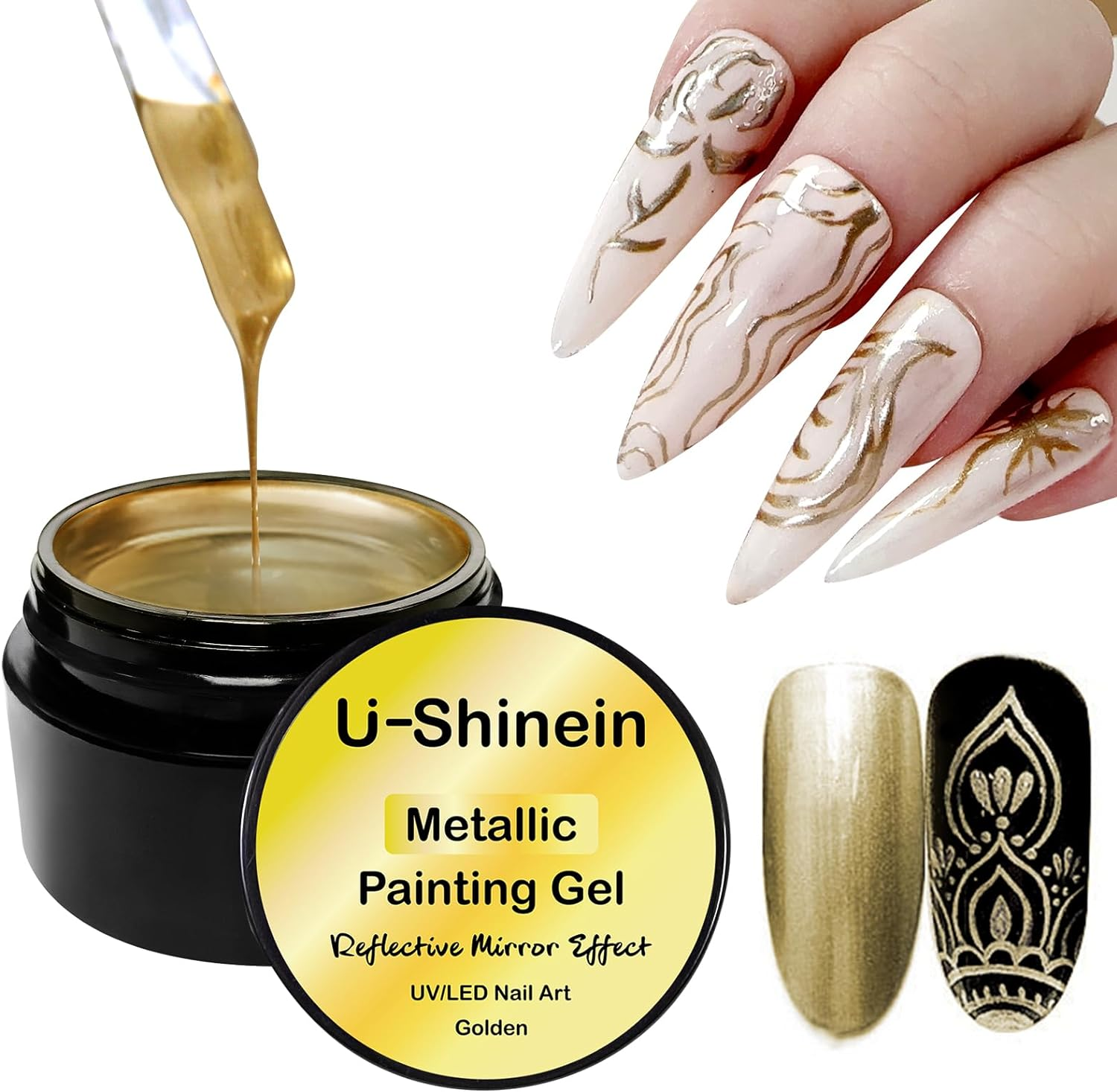 U-Shinein 8Ml Metallic Painting Gel, Silver Painted Nail Polish, 3D Metal Painting Drawing Mirror Nail Gel Polish Glossy (Ultra Mirror Silver)