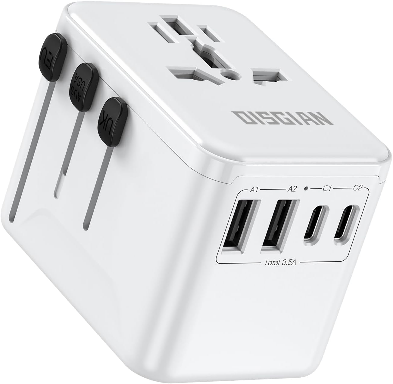 DISGIAN Travel Adapter,Universal Power Adaptor with Super Fast Charger 2 Port Type-C and 2 USB-A for Phone,Laptop,Tablet,Worldwide Travel Plug for Type A/C/G/I USA, Japan, UK, EU (White)