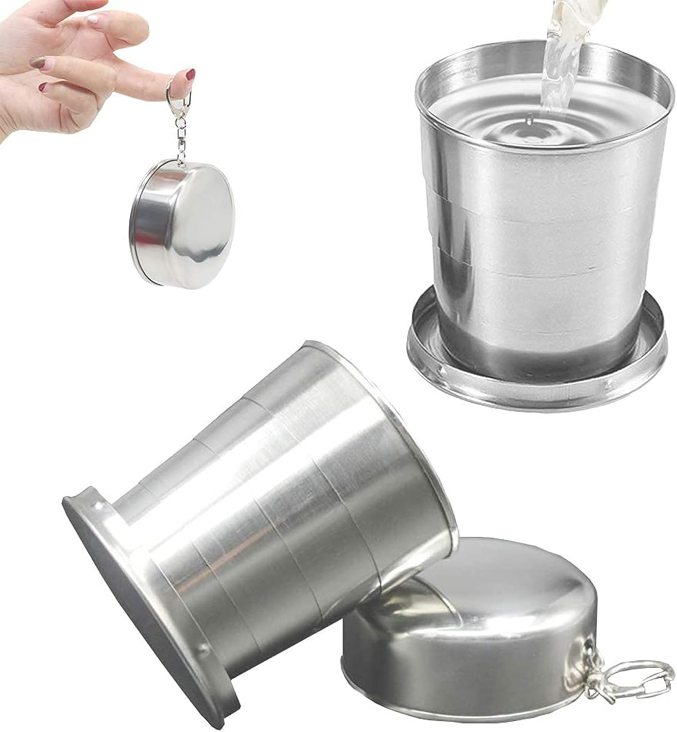 Pack of 2 Folding Cups, Stainless Steel Telescopic Cups, Outdoor Portable Telescopic Cup, Folding Cup with Key Ring, Durable Collapsible Cup, Hiking for Outdoor Activities and Daily Use image number 1