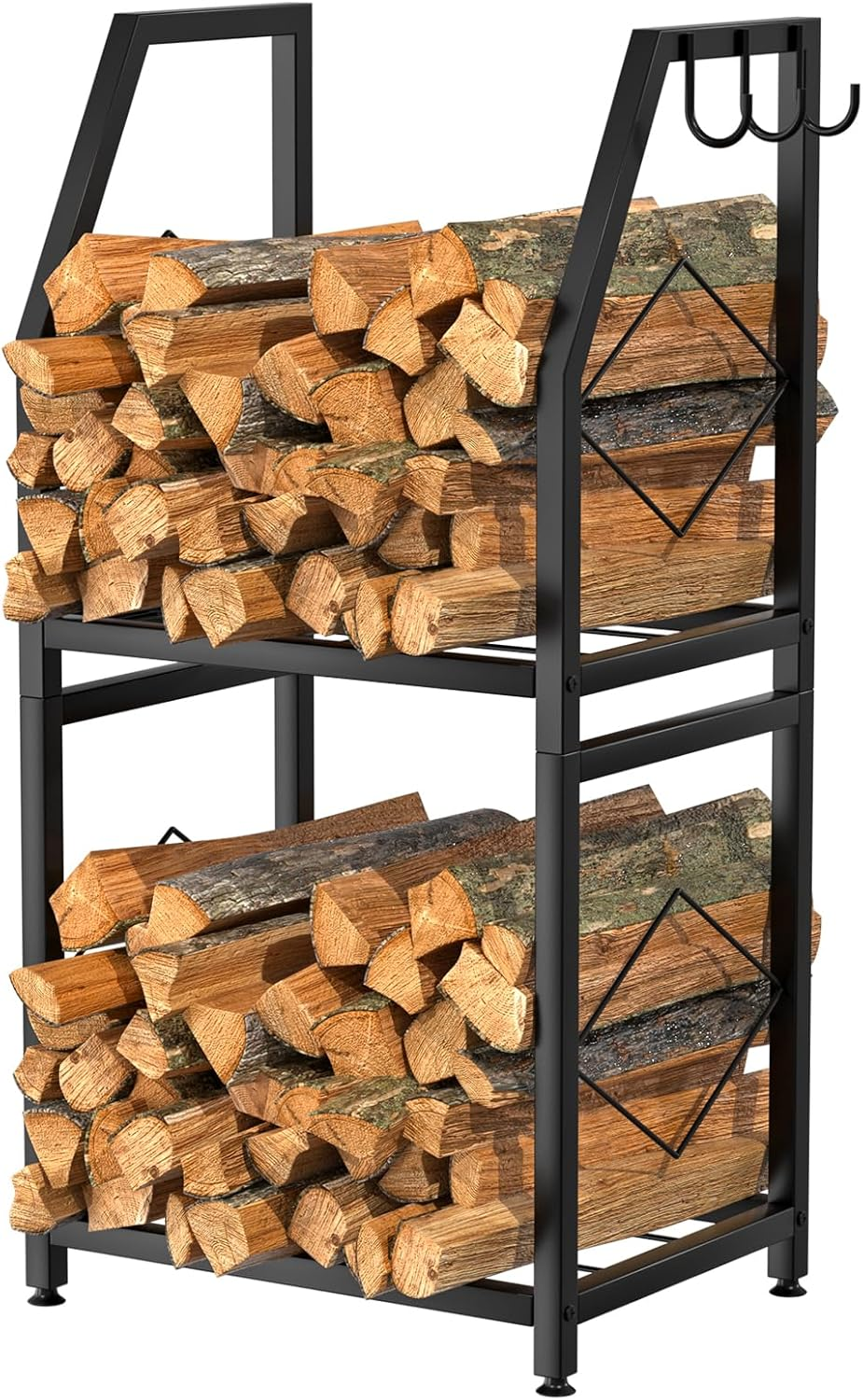 Firewood Rack for Indoor, 2-Tier Firewood Holder with 3 Hanging Hooks, Heavy Duty Wood Rack for Outdoor Patio, Black image number 5