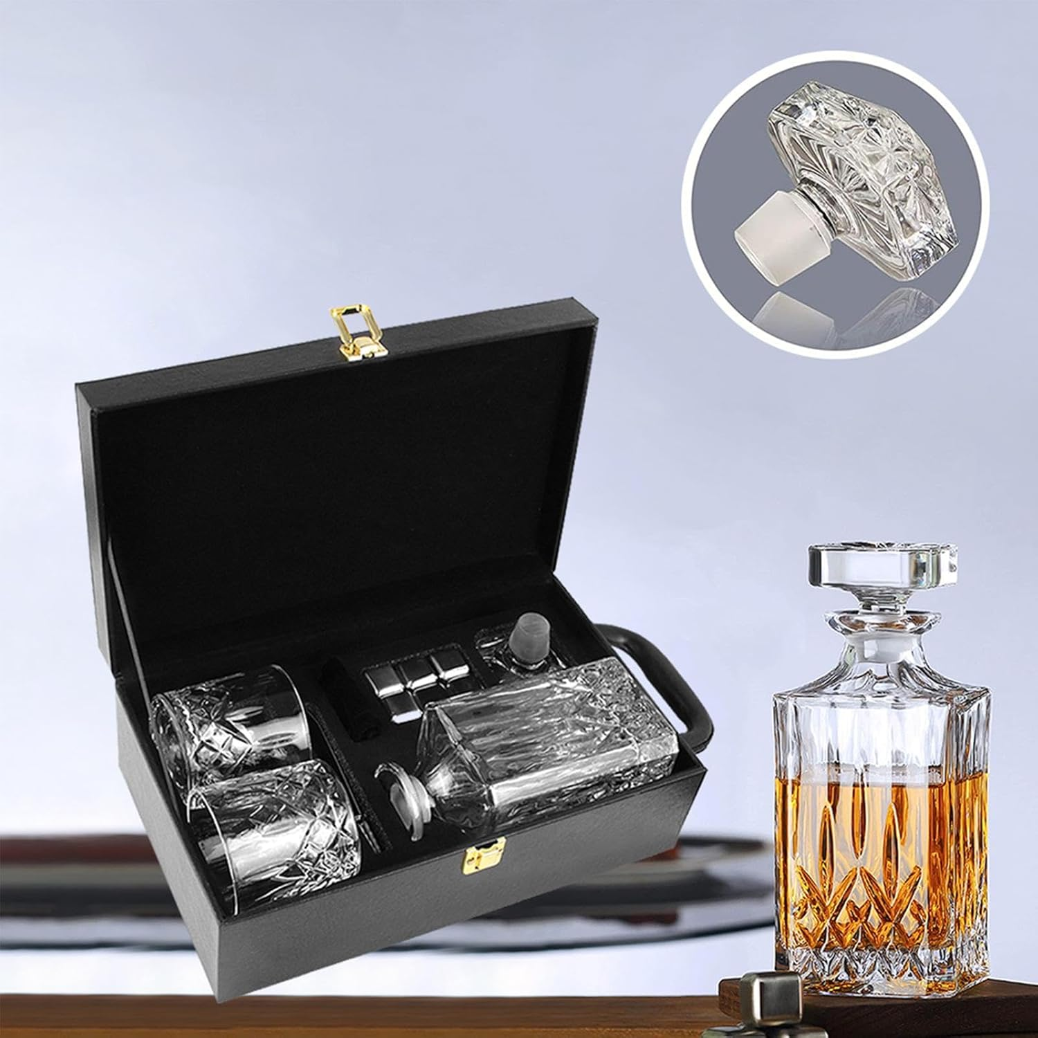 Crystal 750 Ml Whisky Decanter with 2 Glasses and 6 Stone Set- Crystal Stopper- Lead Free- Unique Addition to Home Bar D&eacute;cor, for Your Cherished Whiskey, Gin, or Any Premium Liquor image number 2