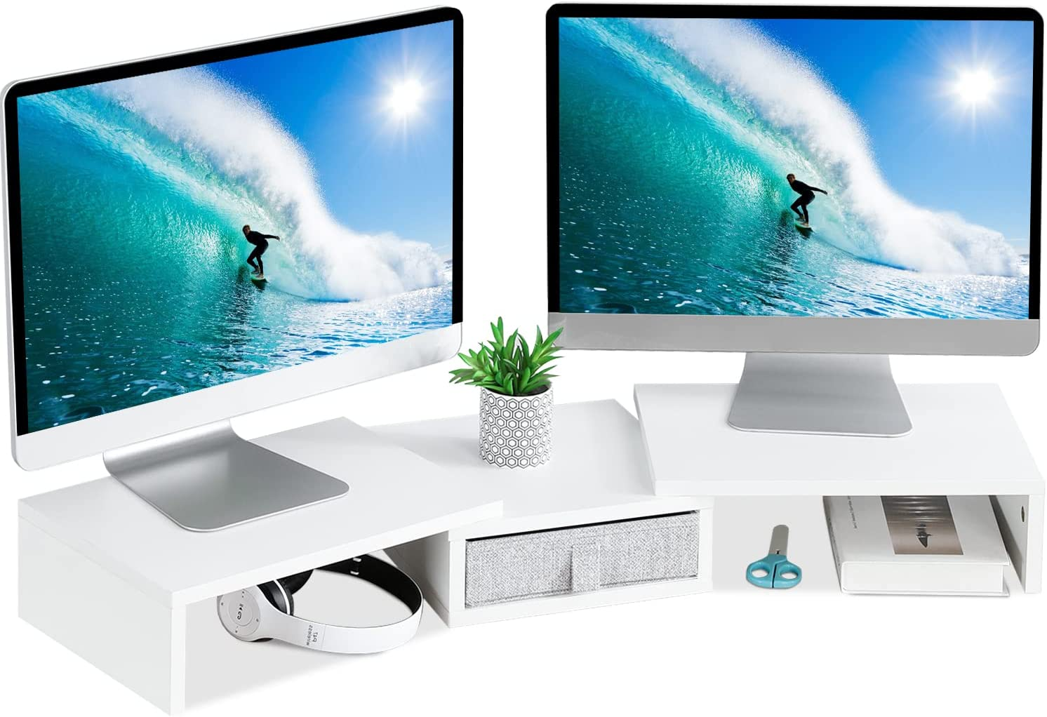 TEAMIX White Dual Monitor Stand Riser with Drawer - Length and Angle Adjustable Double Monitor Riser Corner Desk Shelf Organizer 37 Inch Long Monitor Riser for 2 Monitors/Laptop/Pc/Screen/Tv