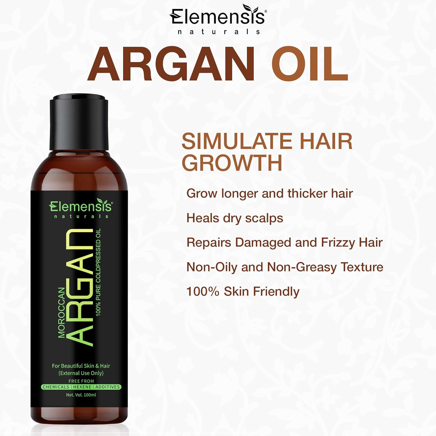 Elemensis Naturals Argan Oil Pure & Natural Therapeutic Grade, Cold Pressed for Hair, Skin & Face (100Ml) image number 3