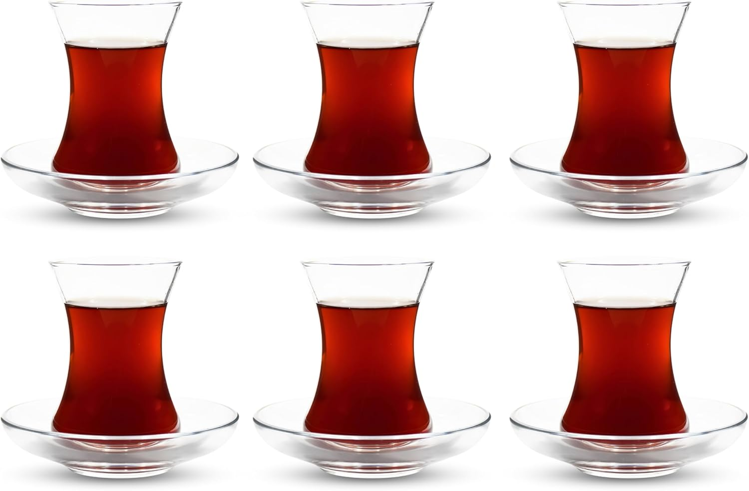 Ums Turkish Tea Glass Set - Slim Waist Design and Thick Sole Prevent Tea from Getting Cold, Easy to Keep for 6 People, 6 Saucers, 6 Glasses, Useful Tea Set (12 Pieces)