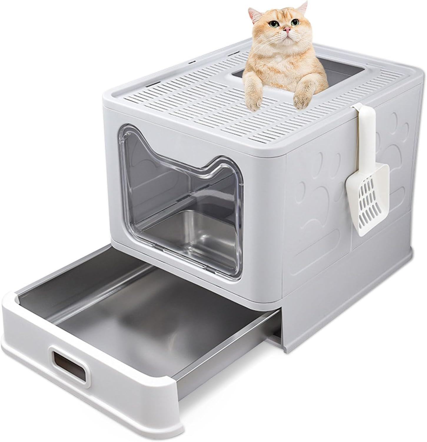 Amibud Stainless Steel Enclosed Cat Litter Box with Lid, Foldable Metal Enclosed XL Top Entry Kitty Litter Pan Tray with Scoop,Easy to Clean(Gray) image number 1