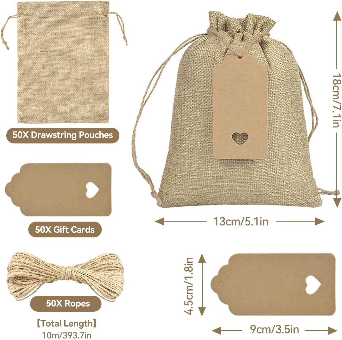 H HOME-MART 50PCS 5"X 7" Drawstring Bags with Tags & String Burlap Gift Bags Reusable Linen Sacks Bag for Birthday Party Present Wedding Favors Art DIY Craft Jewelry Pouches Christmas image number 1