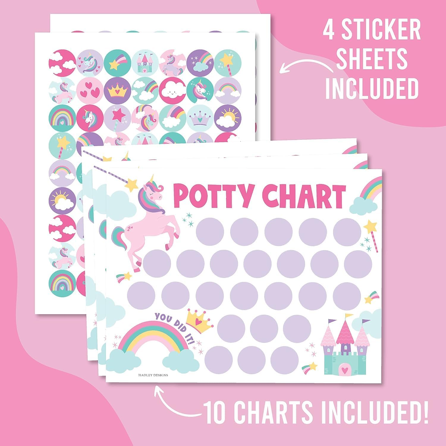 Unicorn Potty Training Rewards Sheet with Stickers - Potty Training Stickers Pictured Are Girls and Boys, Potty Training Rewards Pictured Are Children, Potty Training Rewards Pictured Are Children