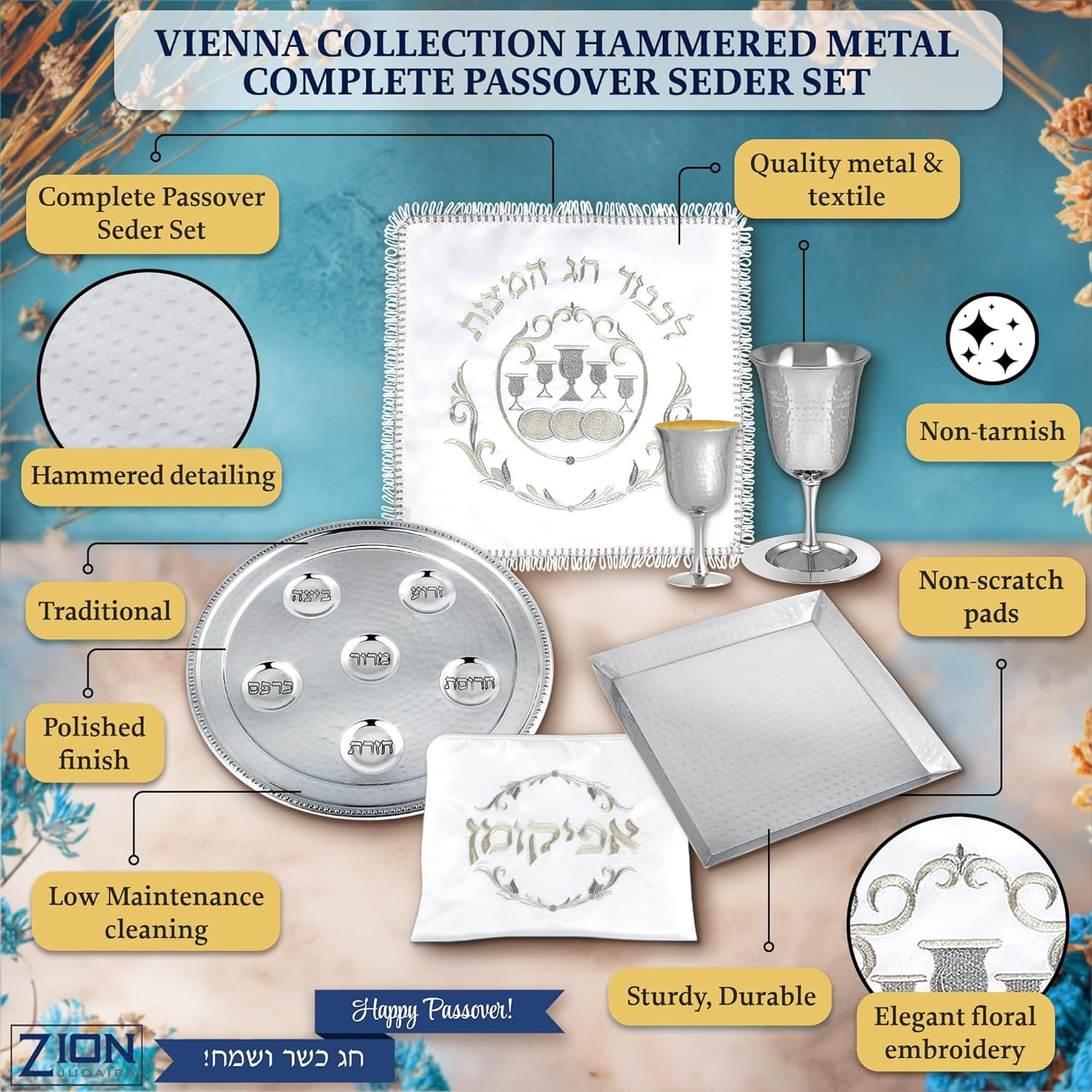 Passover Seder Complete Set Hammered Vienna Collection - Includes Seder Plate, Matzah Tray, Elijah Cup with Saucer, Kiddush Cup, Square Matzo Cover & Afikoman Bag Passover Decorations by Zion Judaica image number 2