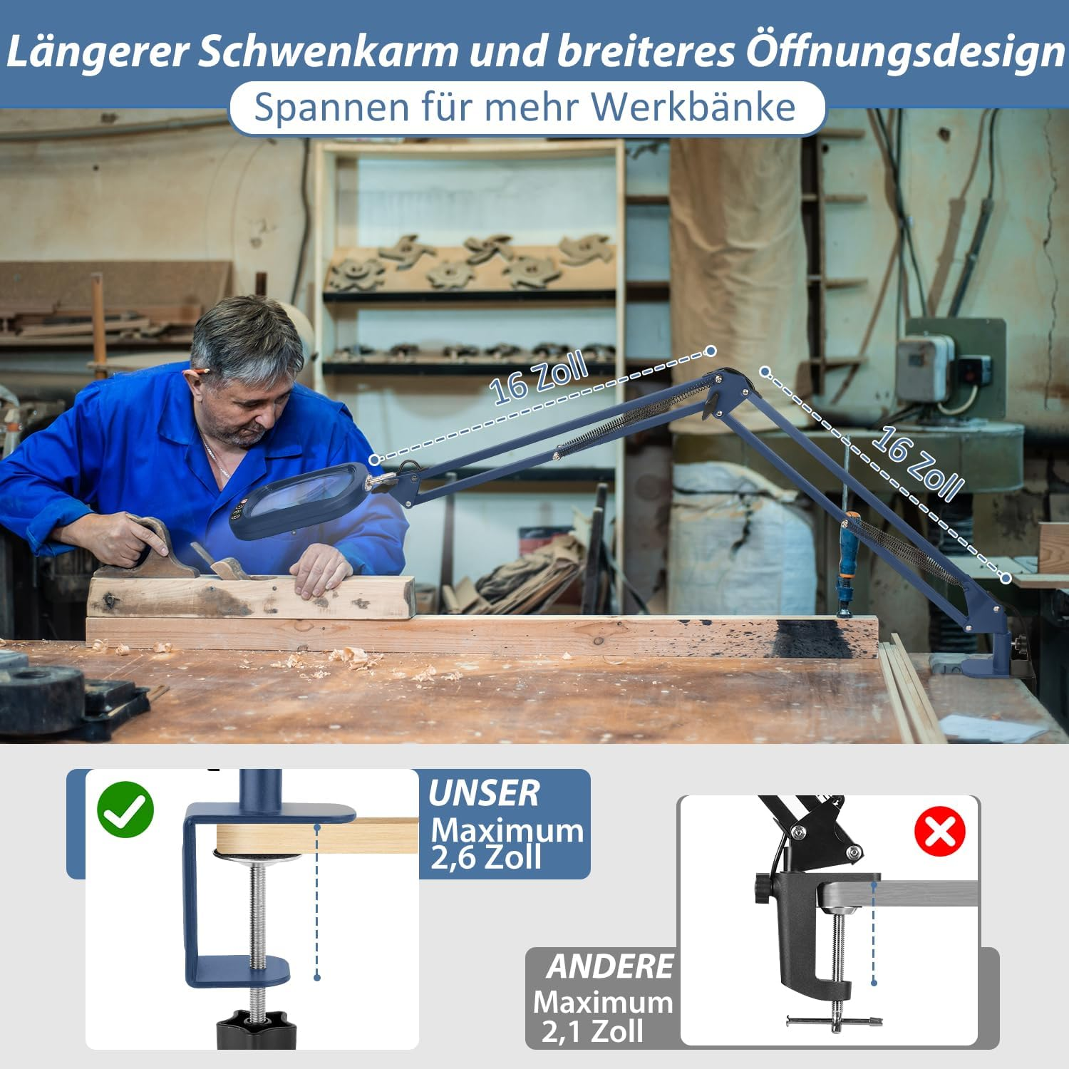 Veemagni 10 X Real Glass Rectangular Magnifying Glass with Light and Clamp, Reading Magnifier, 5 Colour Modes, Continuous Dimming, 2 X 16 Inch Large Swivel Arm LED Magnifying Lamp, Hands-Free Table