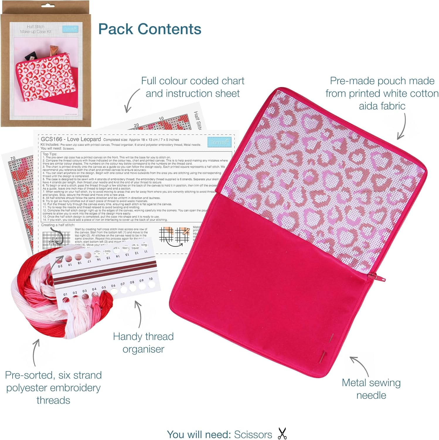 Trimits Stitch Your Own Make-Up Case Kit - Half Stitch, Tapestry, Cosmetics Bag, Pouch Includes Pre-Printed Case, Threads, Needle & Instructions, Love Leopard image number 6