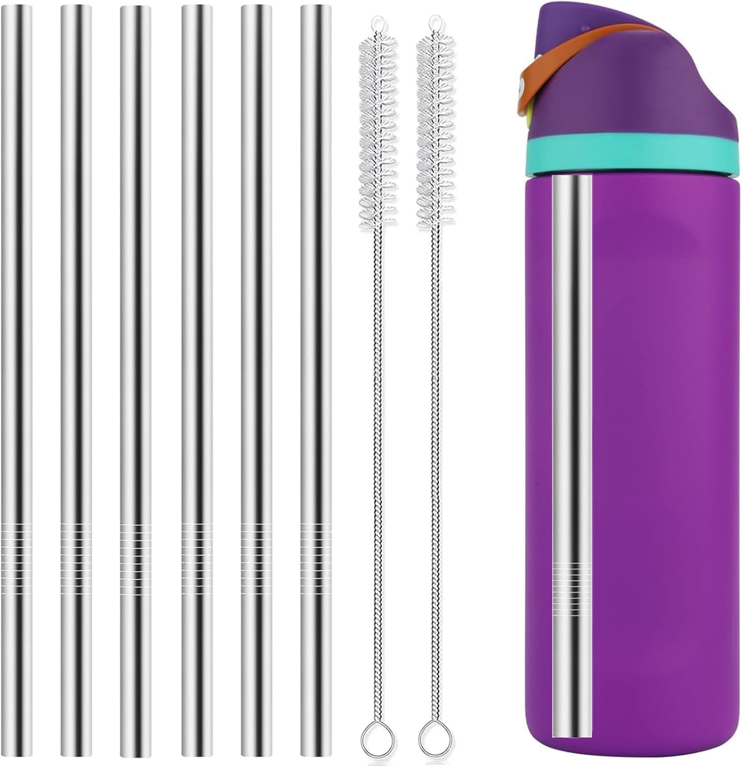 6 PCS Metal Replacement Straws for Owala Water Bottle 24 Oz 32 Oz, Reusable Stainless Steel Straws with 2 Cleaning Brush Compatible with Owala Water Bottle image number 1