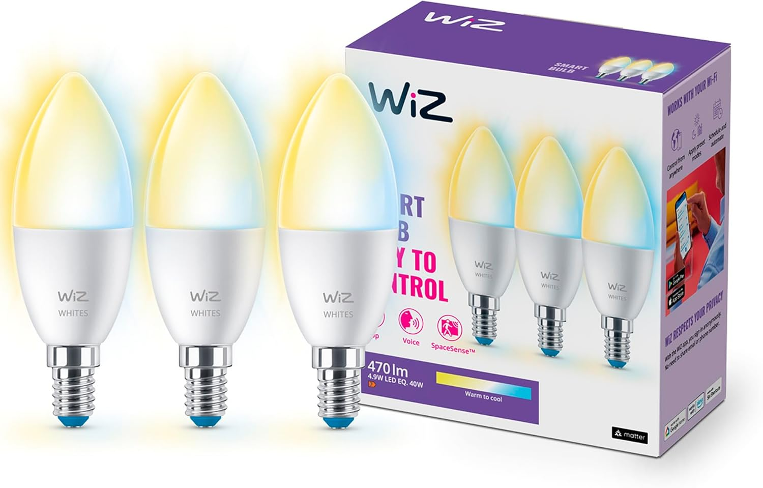 Wiz Smart E14 LED Lamp in a 3-Pack - 40W, with White Shades, Wlan/Bluetooth, Voice/App Control, Works with Google Home, Alexa and Homekit image number 1