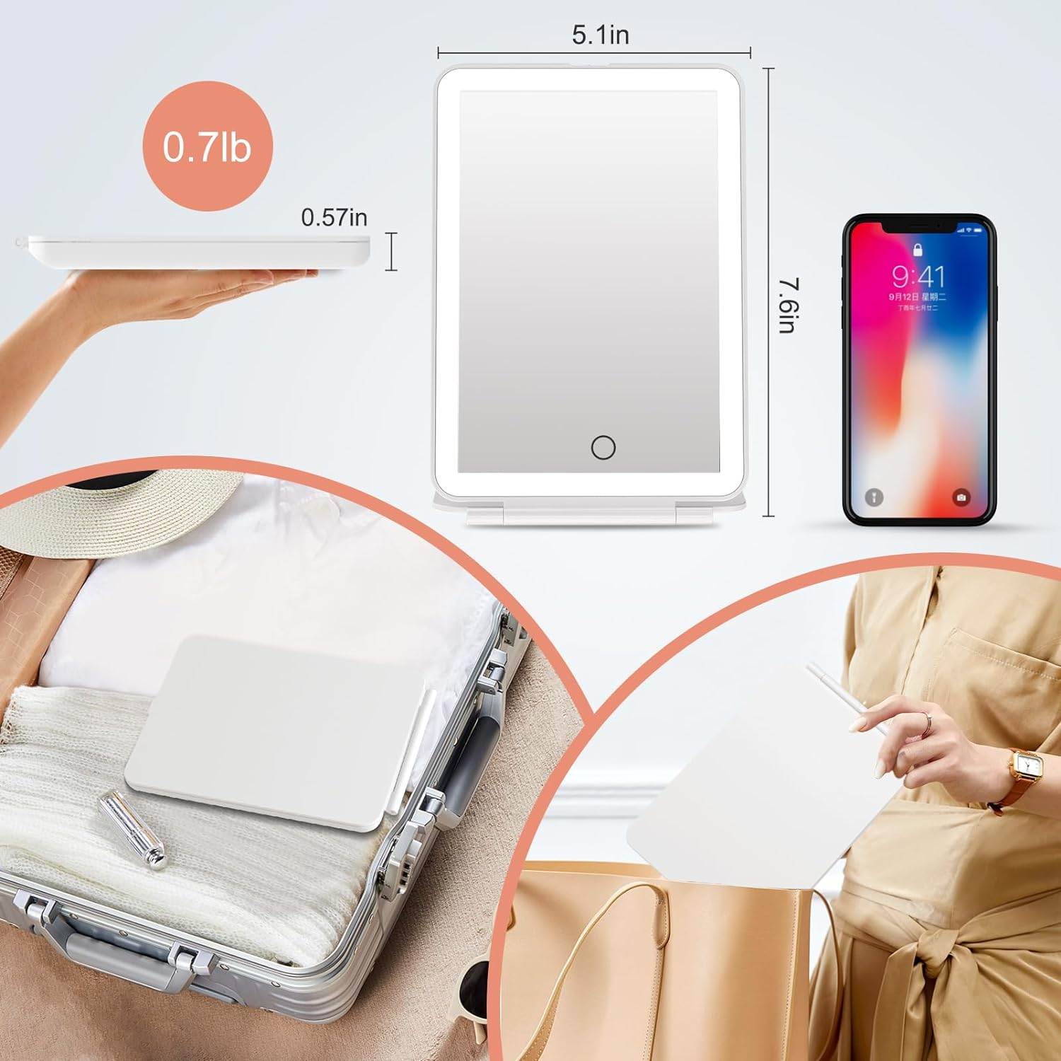 FUNTOUCH Cosmetic Mirror with Lighting, Rechargeable Portable Ultrasonic Travel Mirror with Light, 3 Colour Lights, Dimmable Touchscreen Makeup Mirror, Foldable Makeup Mirror (White) image number 5