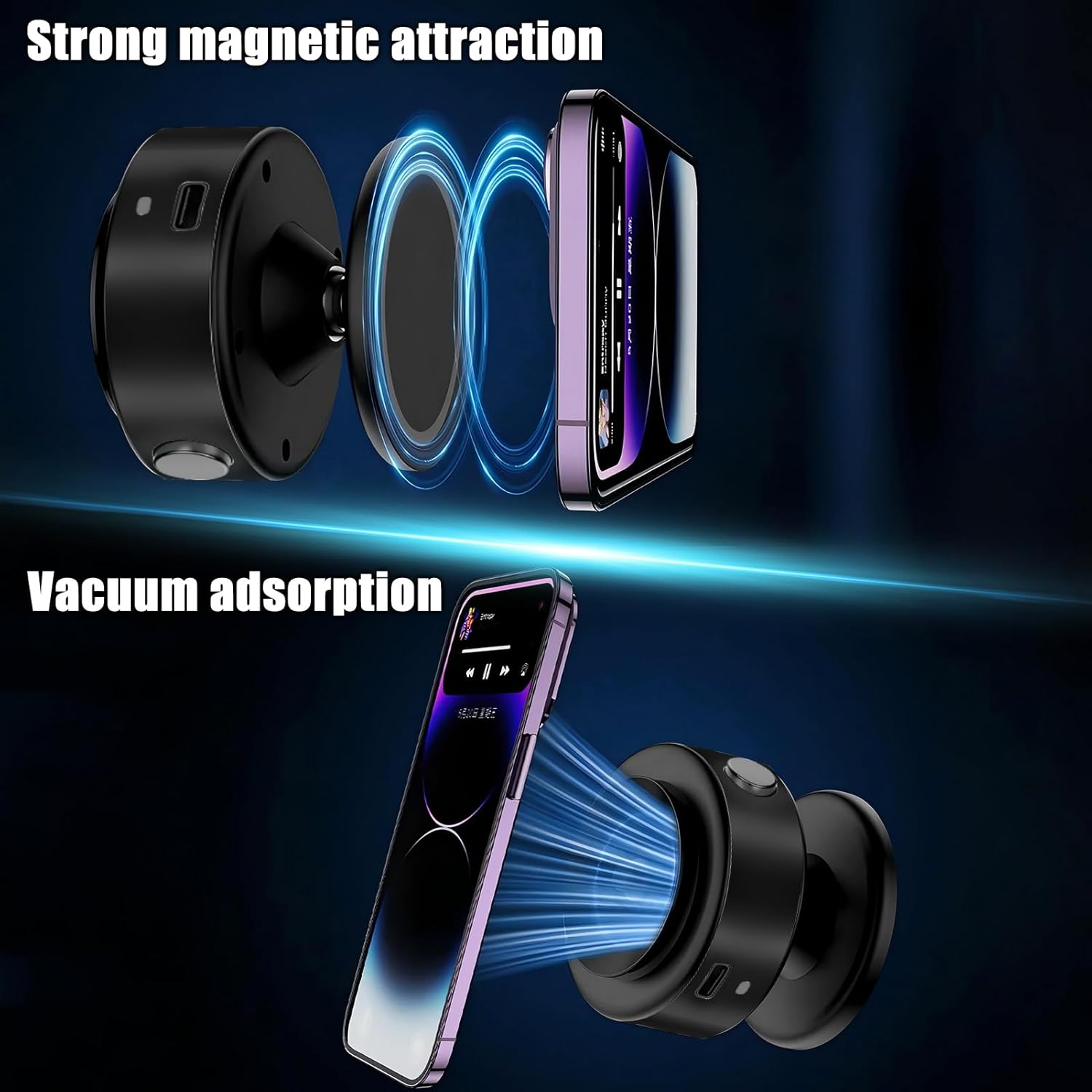 WODHMIEY Magnetic Car Phone Holder with Electric Vacuum Suction, 360 Rotation, Portable Car Accessories, Universal Magnetic Suction Phone Mount for Travel Home Gym (Black) - Black image number 2