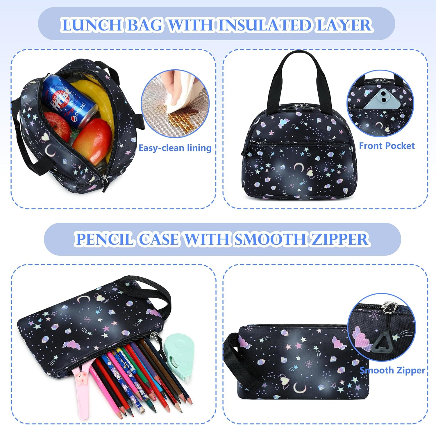 AO ALI VICTORY Backpack for Girls with Lunch Bag Kids School Bags for Elementary Middle School Students Cute Bookbag Set - Black Set image number 4