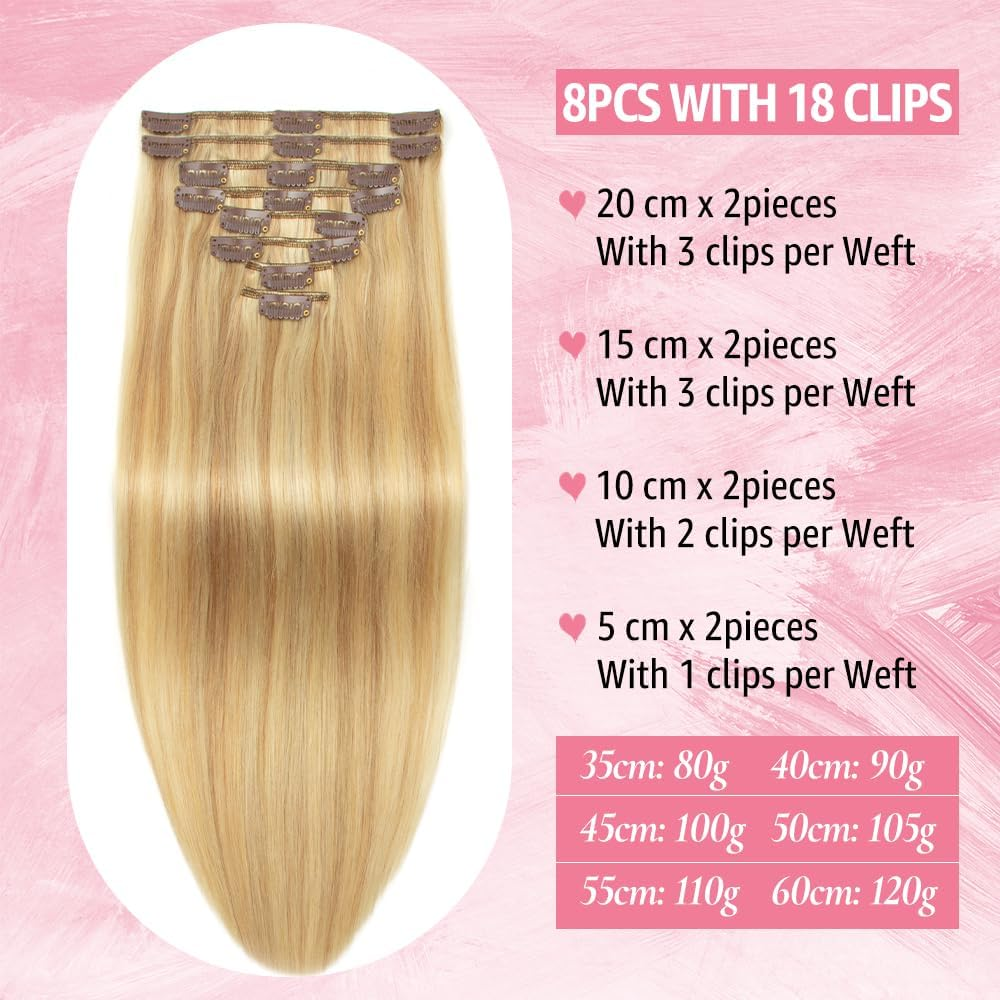 Clip-In Hair Extensions, Real Hair, Balayage, Honey Blonde to Blonde, Clip in Hair Extensions, 100G, 100% Remy Human Hair for Women, Straight, 8 Pieces with 18 Clips, Double Weft, 20 Inch image number 6